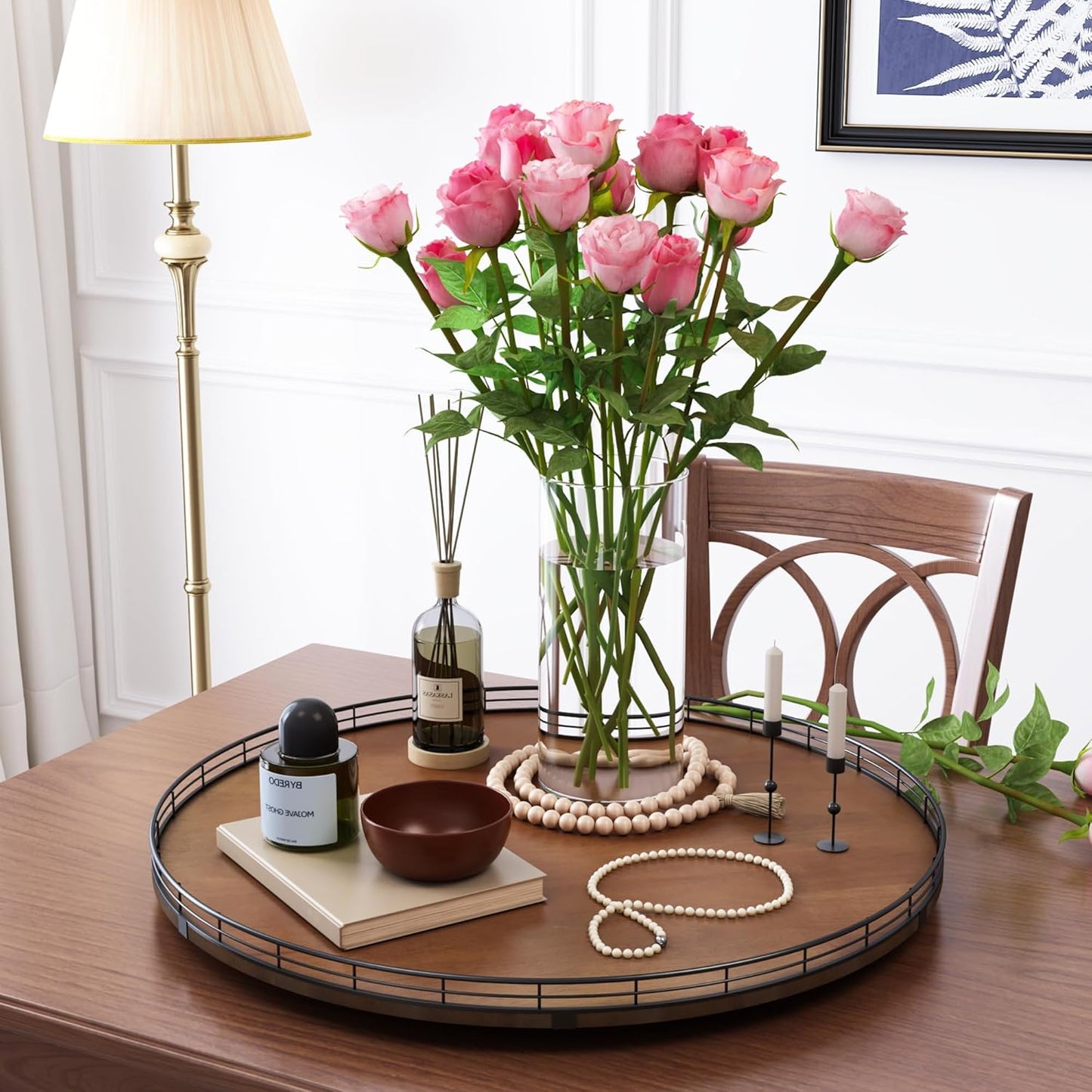 Farmhouse Oak 24" Lazy Susan Turntable Organizer for Cabinet, Round Wooden Lazy Susan Organization and Storage for Dining Table, Pantry, Kitchen, Countertop, Cupboard,Home Decor, Walnut