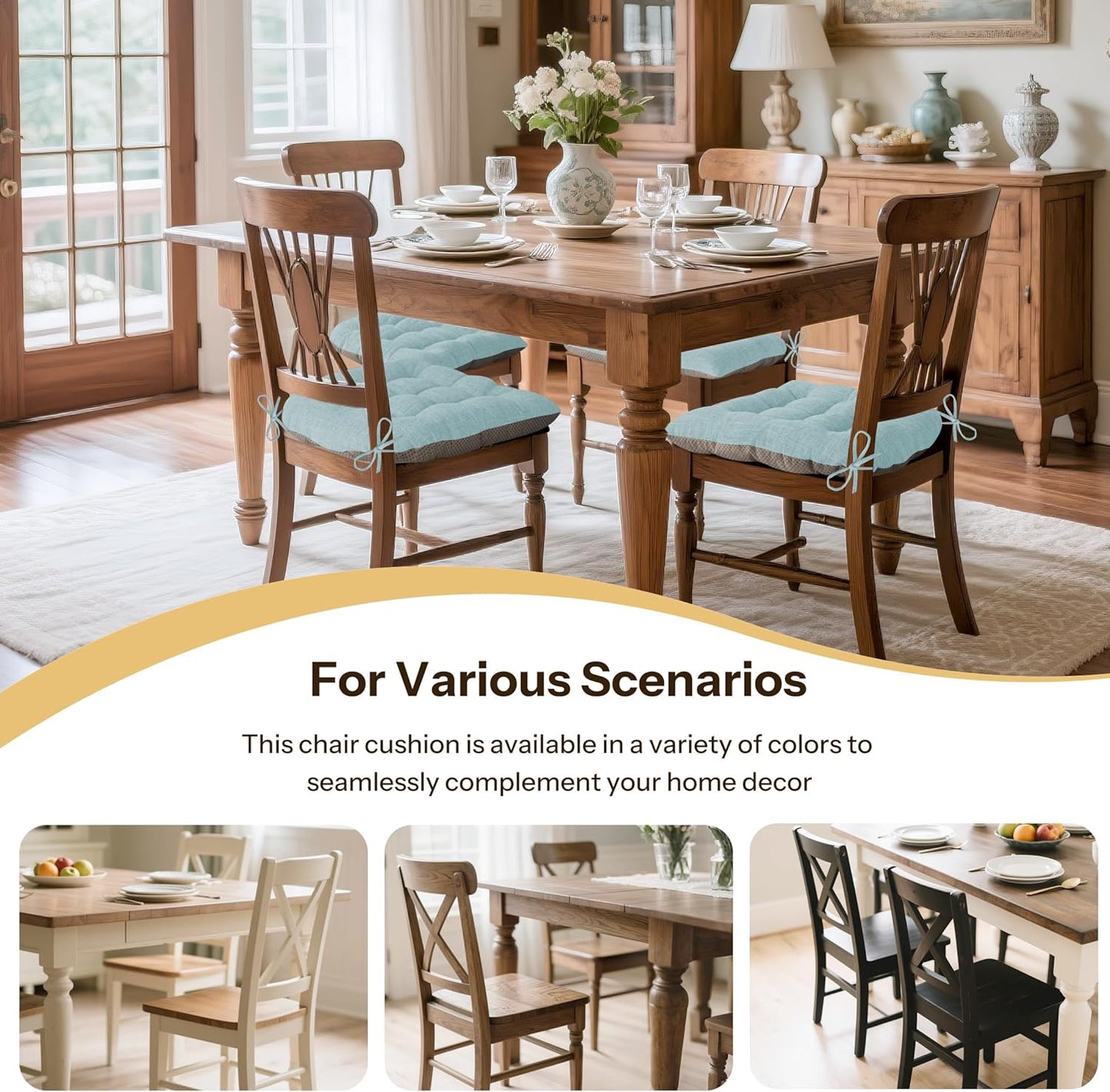 Non Slip Chair Cushions for Dining Chairs Set of 4 Kitchen Chair Cushions 18"x18"x3" Turfted Chair Pads Comfortable and Soft Seat Cushion with Ties, Aqua Blue