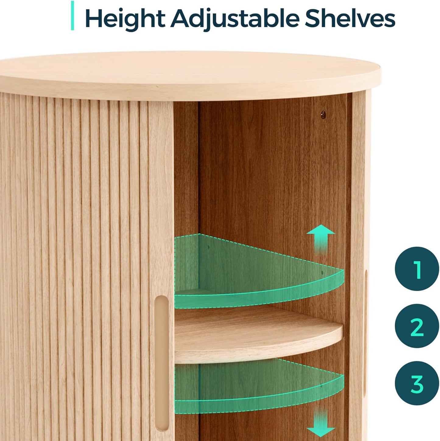 LINSY HOME Round Fluted End Table, Tall Side Table with Sliding Tambour Door and Storage Shelf, Modern Bedside Table, Mid-Century Nightstand for Living Room, Bedroom, Oak