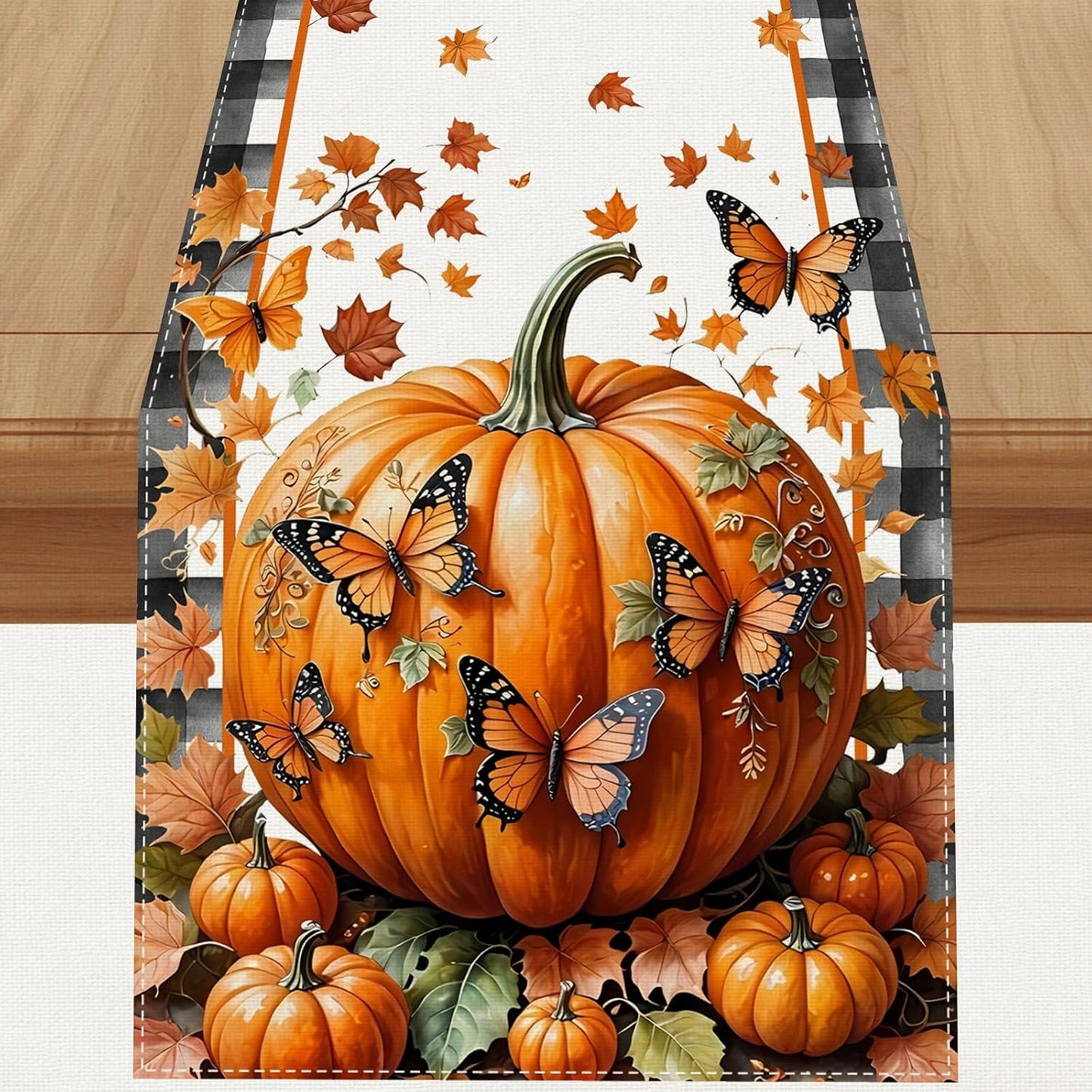 Linen Black and White Buffalo Check Plaid Fall Table Runner 36 Inches Long, Fall Leaves Pumpkin Butterfly Home Kitchen Table Decor, Farmhouse Autumn Thanksgiving Harvest Festival Decorations for Home