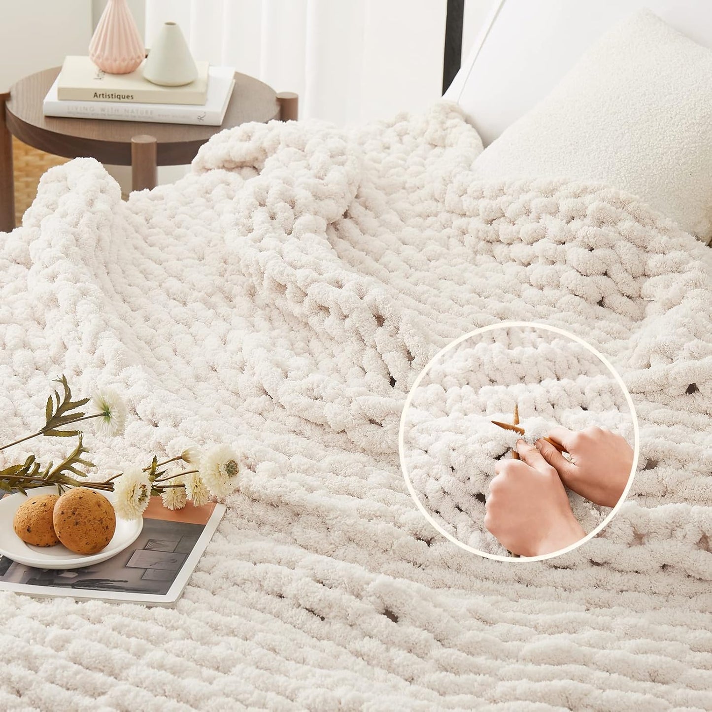 L'AGRATY Chunky Knit Blanket Throw: 30''x40'' Chenille Chunky Knitted Throw Blankets for Bed Couch - Handmade Thick Big Cable Knit Blankets - Large Crochet Rope Blanket for Home Decor(Ivory)