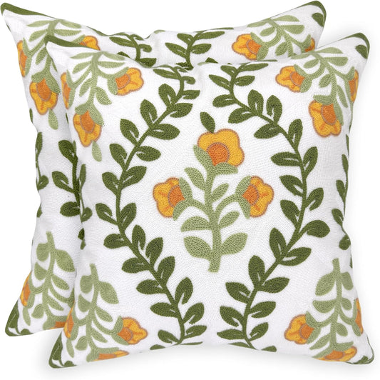 Alysheer Floral Embroidered Summer Decorative Throw Pillow Covers 18"x 18" Set of 2, Farmhouse Cottage Orange Flowers Green Leaves Knit Patterned Cotton Canvas Cushion Case for Couch Bed Living Room