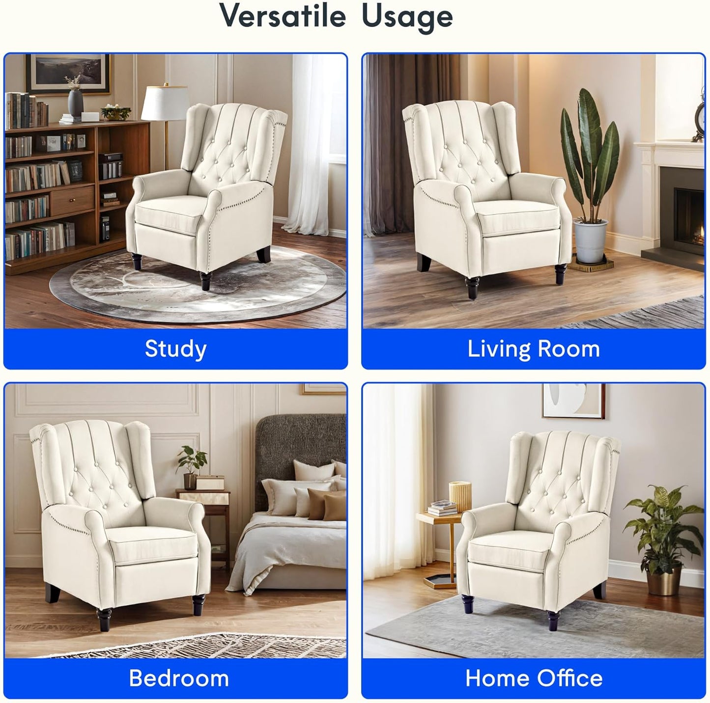 Softa Recliner Chair for Adults, Mid Century Wingback Pushback Accent Chair with Rivet Decoration, Tufted Upholstered Single Sofa Armchair for Living Room, Bedroom, Study (Fabric, Cream)