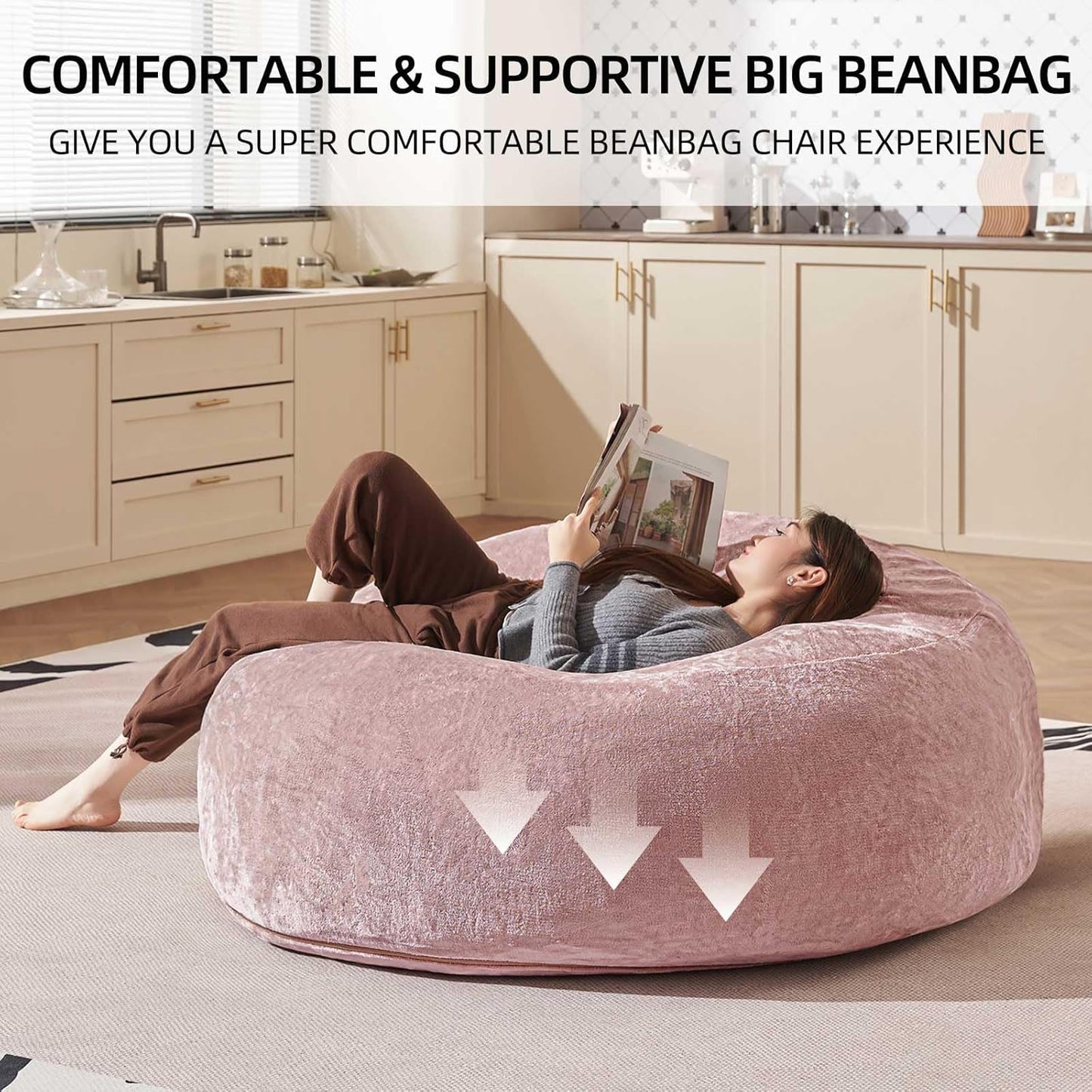 Bean Bag Chair 4Ft, Memory Foam Filled, Large Beanbag Chairs for Adults and Teens, Soft Sofa with Removable Flannel Cover, Round Couch for Living Room Bedroom College Dorm (Pink, 4FT-47×47"×24")