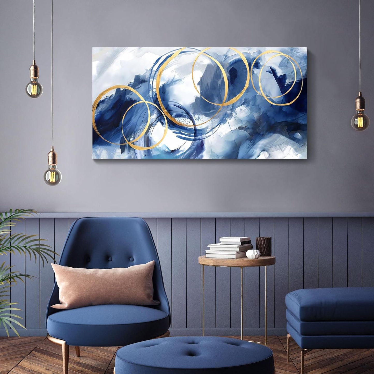 AJAZIKO Blue Abstract Wall Art Modern Art Wall Decor Artwork For Walls Living Room Large Painting Size 20x40 Office Pictures For Wall Navy Gold Contempor Decorations For Bedroom