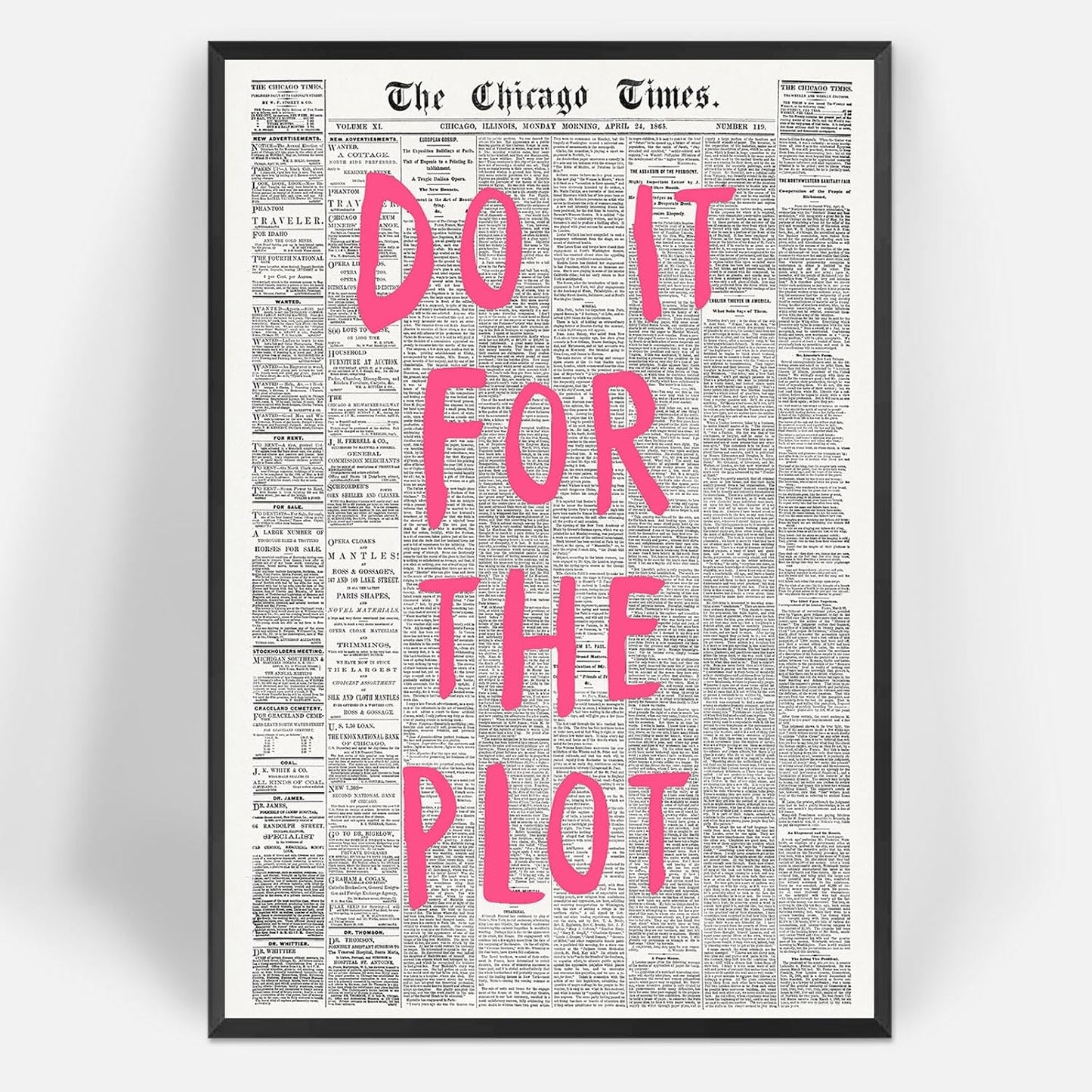 Liyark Retro Black And White Chicago Newspaper Poster Pink Trendy Preppy Apartment Art Motivational Affirmation Do It For The Plot Prints For Home Bedroom Living Room Wall Decor 16x24in Framed