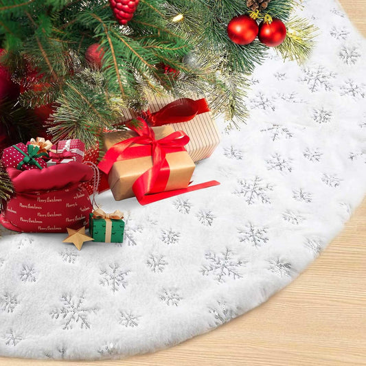 Christmas Tree Skirt, 48 Inch White Luxury Faux Fur & Silver Sequin Snowflakes, 4ft Xmas Tree Skirt for Holiday Tree Ornaments Christmas Party Home Decorations