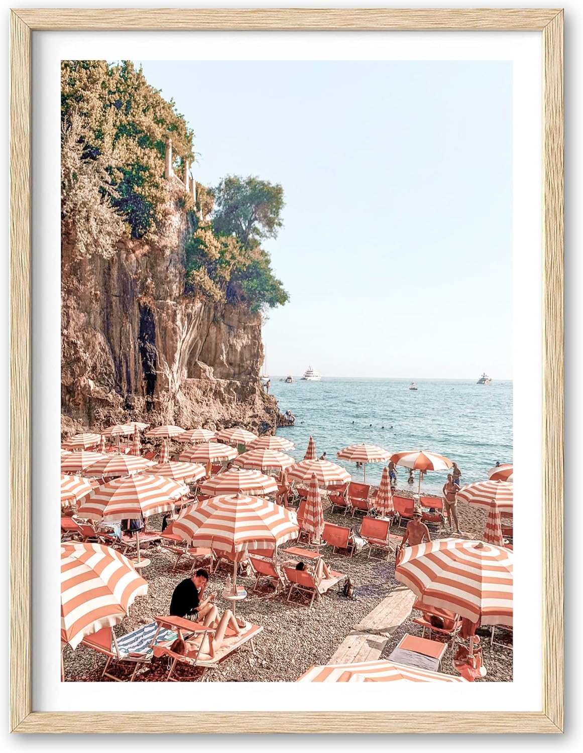 HesenDot Natural OAK Wood Framed Summer in Positano Wall Art,12x16in Italy Amalfi Coastal Canvas Wall Print,Arienzo Beach Umbrellas Poster Wall Decor for Living Room,Bedroom,Office Gallery Set of 1