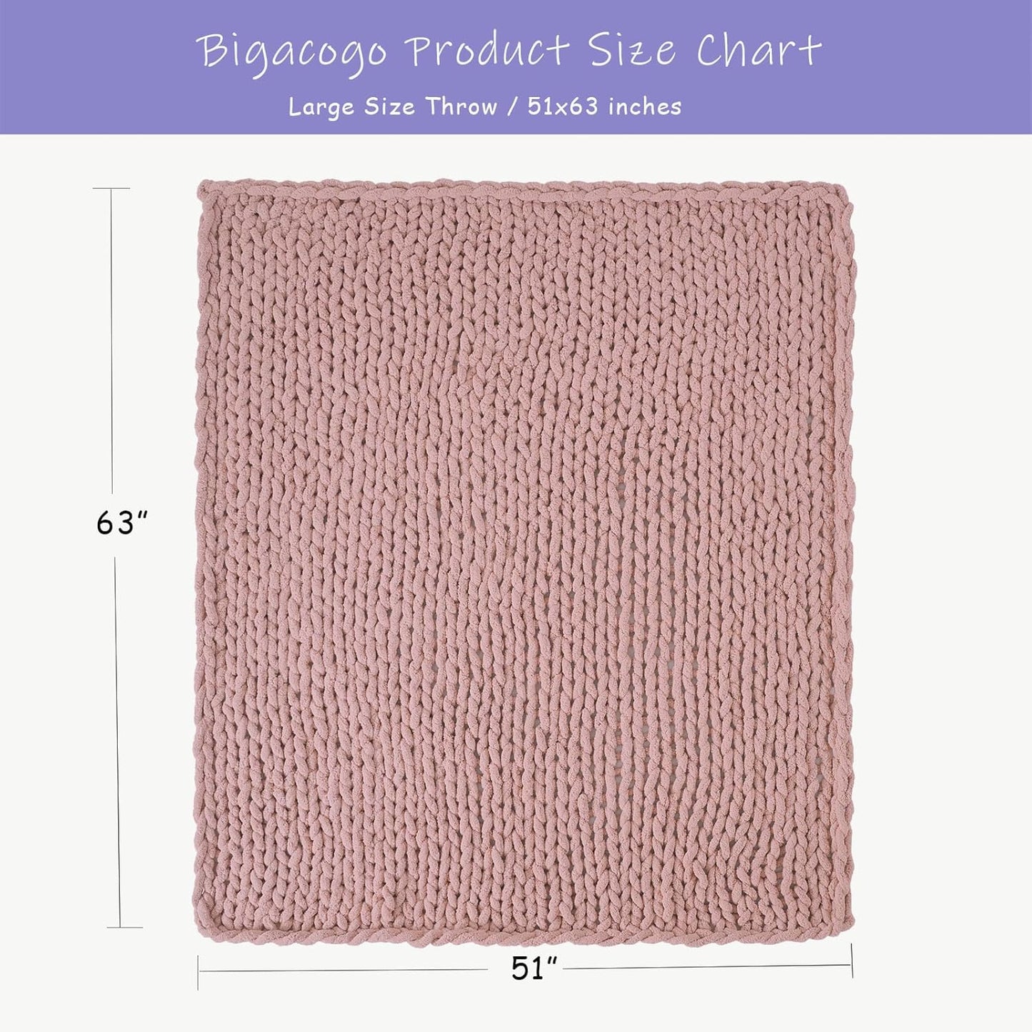Bigacogo Chunky Knit Throw Blanket for Couch, 51x63 inches, 100% Hand Knitted with Thick Jumbo Chenille Yarn, Cozy Soft Large Rope Knot Cable Crochet Blankets for Sofa Bed Living Room, Dusty Pink