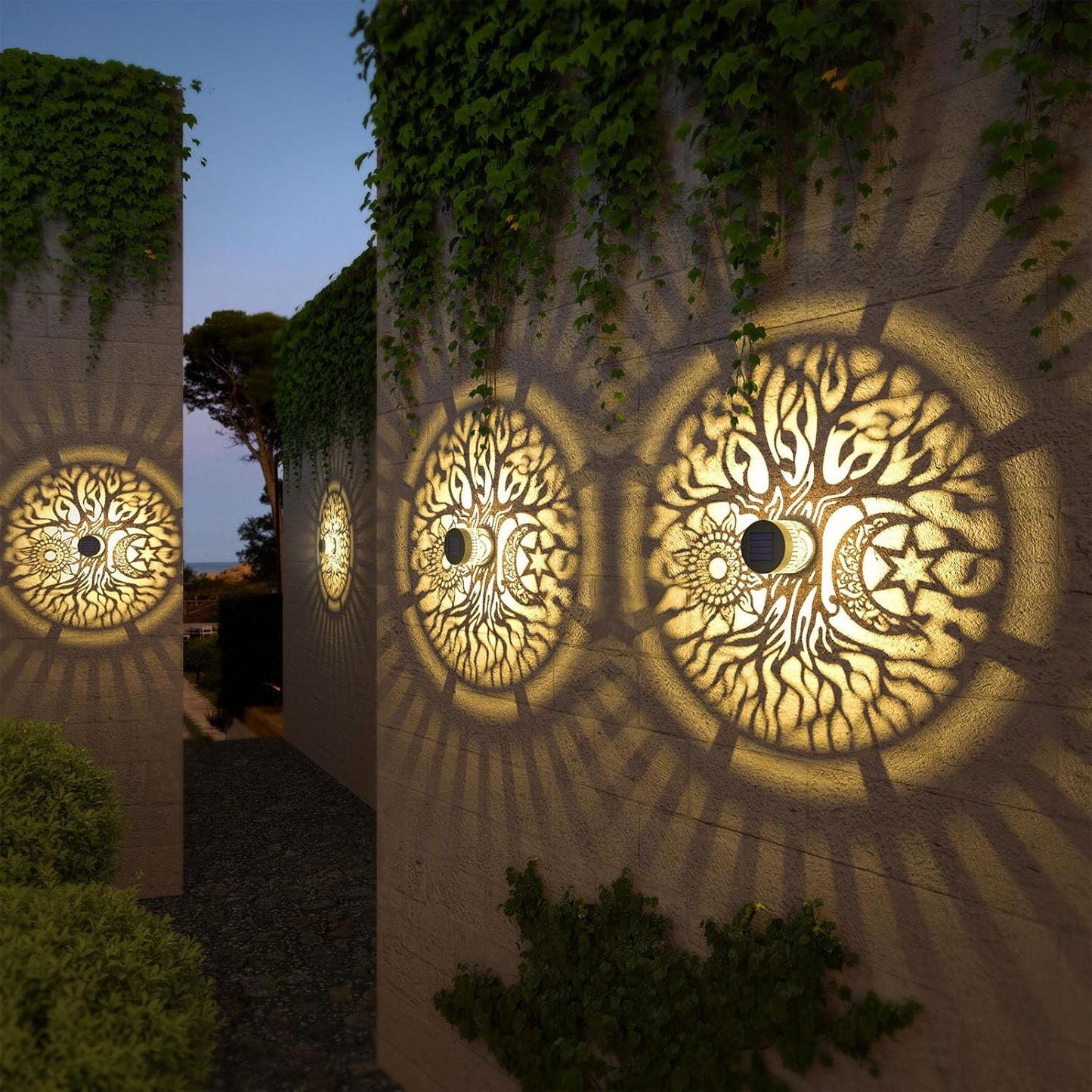 4 Pack Solar Fence Lights Metal Solar Powered Outdoor Wall Deck Step Lights Tree Theme Waterproof Fence Light for Garden Post Patio Backyard Yard Decor (Tree, 4 Pack)