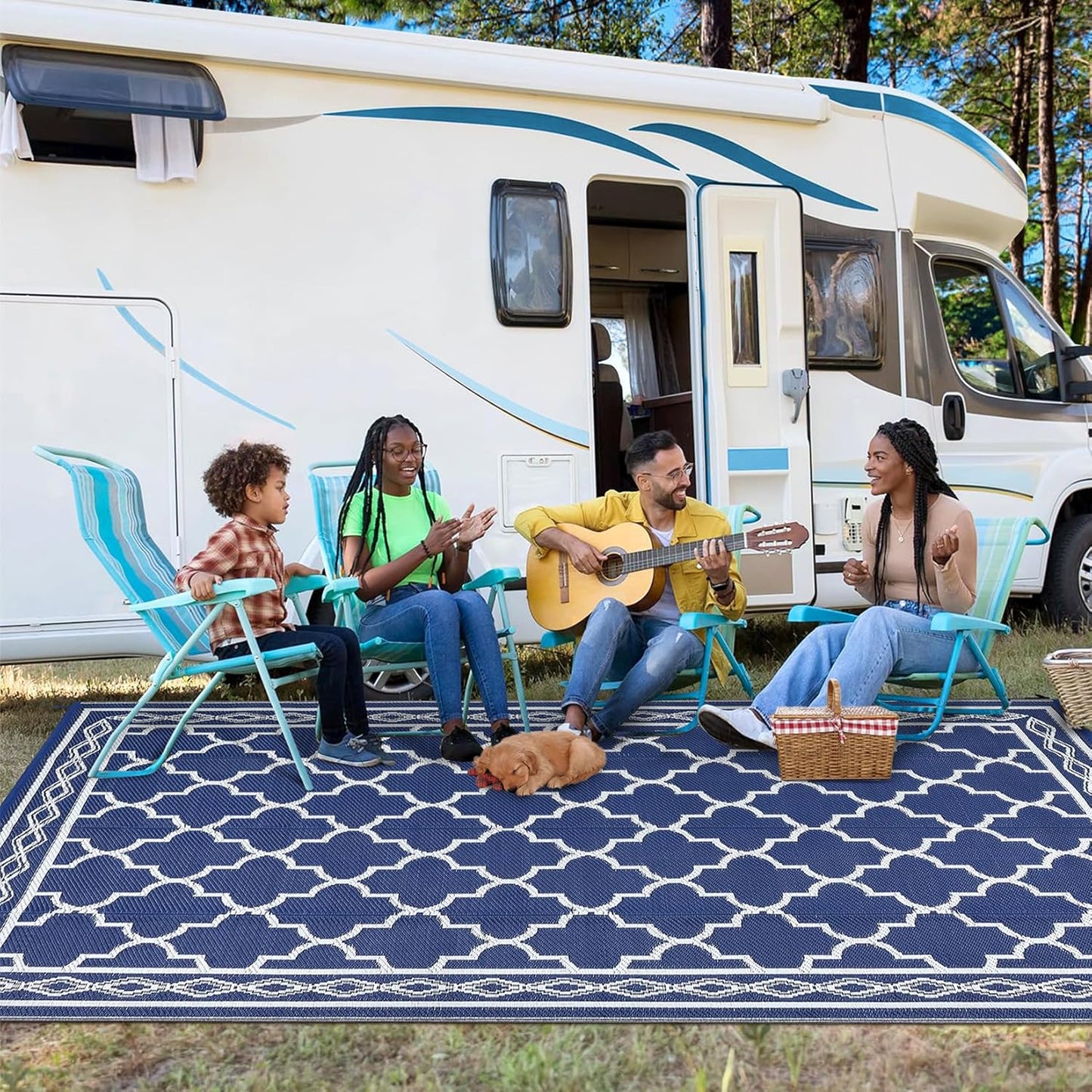 GAOMON Outdoor Rug for Patio 5'x8' Reversible Plastic Rugs Camping Mat for Outdoor, RV, Backyard, Deck, Balcony, Picnic, Beach, Navy/White(Geometric)