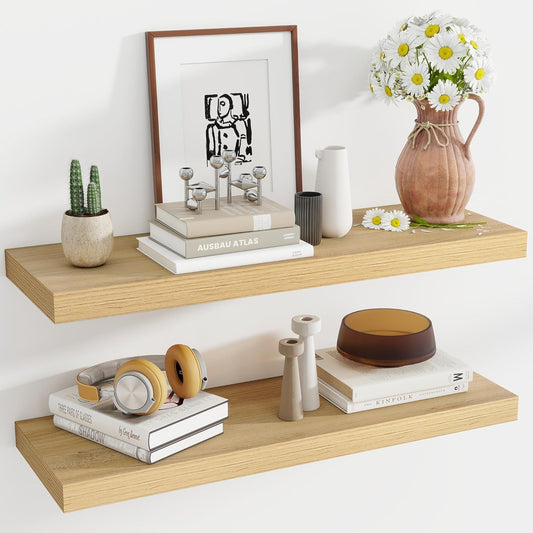 36 Inch Floating Shelves, 11.6 Inch Deep Floating Shelves for Wall, Floating Shelf with Invisible Brackets, Deep Shelves for Bathroom, Bedroom, Living Room, 2 Pack, Natural