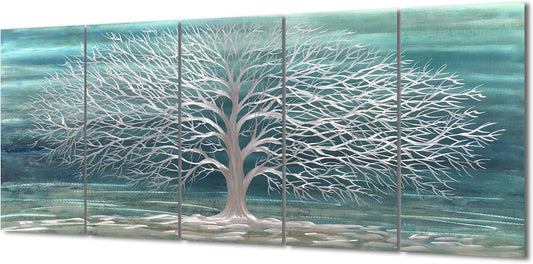 Yihui Arts Large Metal Wall Art Handcrafted Aesthetic Tree Pictures on Aluminum 5 Panels Teal and Silver Abstract Landscpae Artwork for Living Room Bedroom Dinning Decor