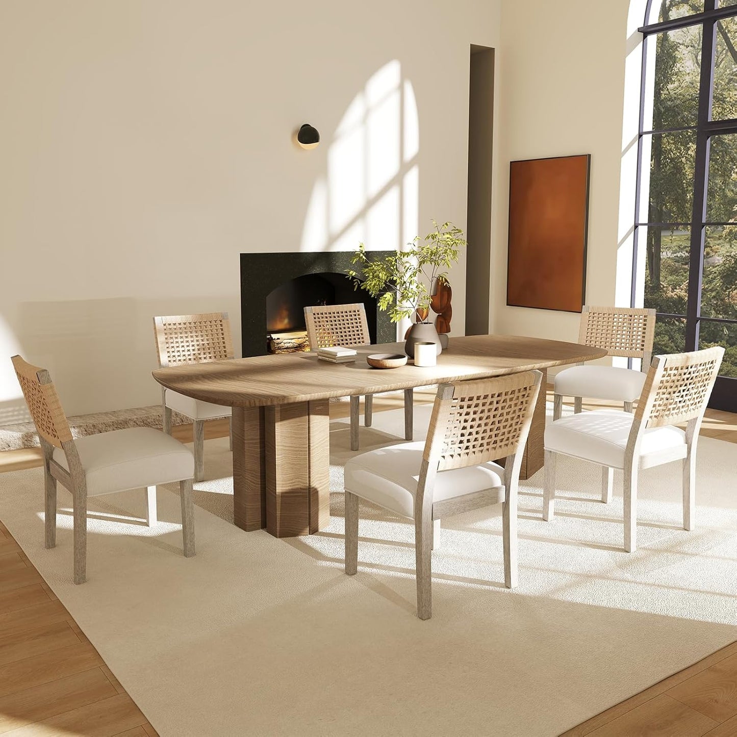 Kmax Farmhouse Dining Chairs Set of 6, Rustic Kitchen Chairs with Linen Fabric Seat and Woven Back, Vintage Accent Chairs for Dining Room, Living Room, Ivory