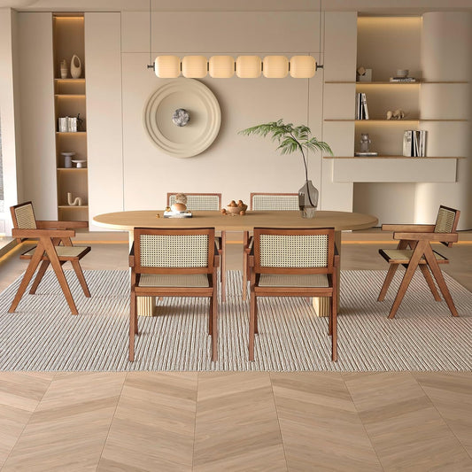 Rattan Walnut Mid Century Modern Dining Chairs Set of 6, Comfy Armchairs with Cane Back, Outdoor Kitchen Chairs for Multiple Rooms