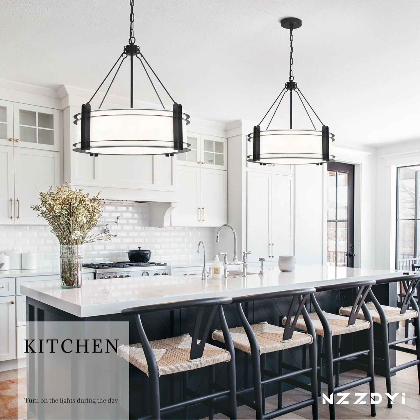 20.4''Drum Chandelier,5-Light Fabric Modern Chandeliers,Black Farmhouse Round Pendant Light Fixture for Dining Room Kitchen Island Living Room Bedroom Hallway