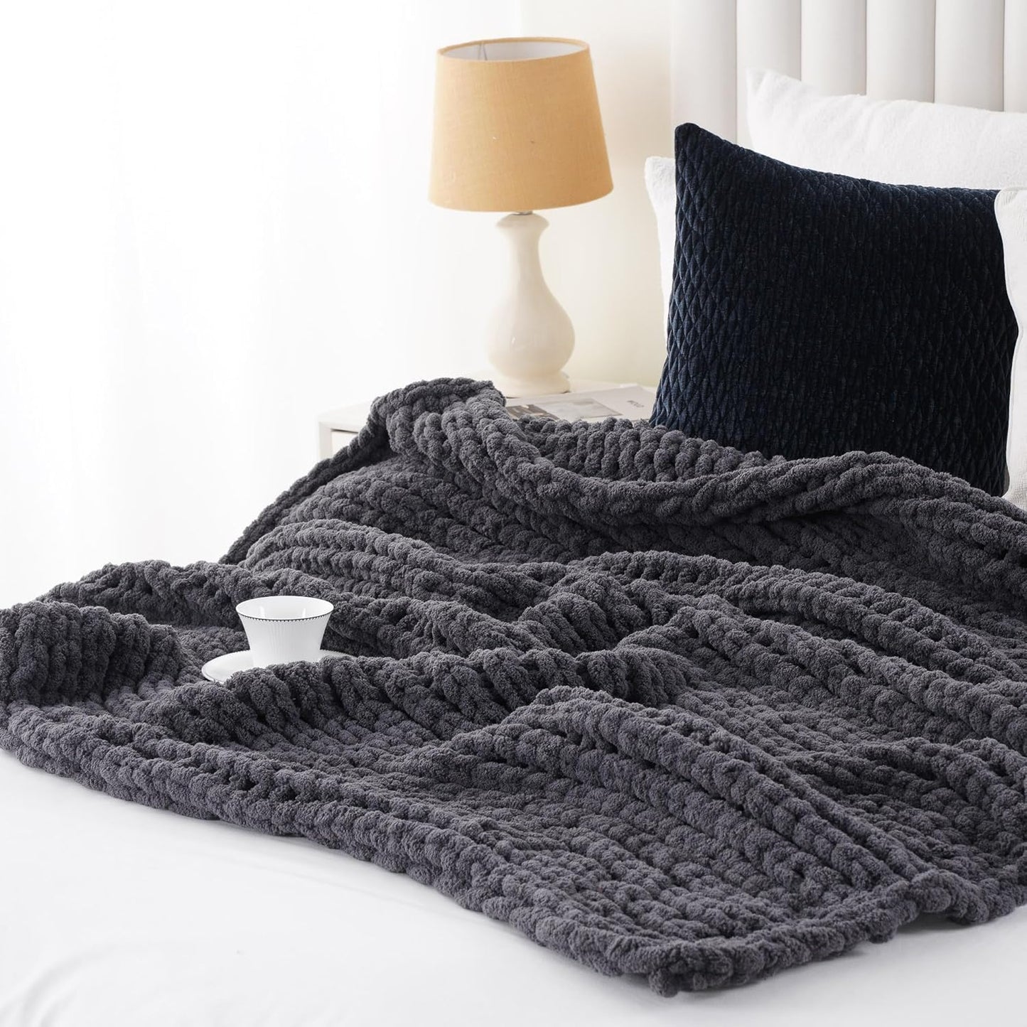 Battilo Chunky Knit Throw Blanket, Soft and Thick Chenille Throw Blanket, 50"x60" Handmade Cable Knit Crochet Blanket, Large Rope Knot Throw Blankets for Couch Sofa Bed Home Decor, Grey