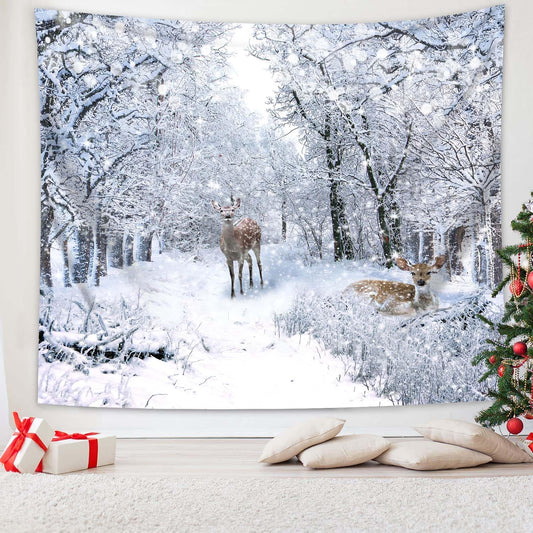 QGHOT Winter Tapestry Wall Hanging, Snow Scene Backdrop Winter Wonderland Wall Decor Snowy Forest Wall Art Nature Woodland Deer Tapestry for Bedroom Room Dorm Party Decoration, Extra Large
