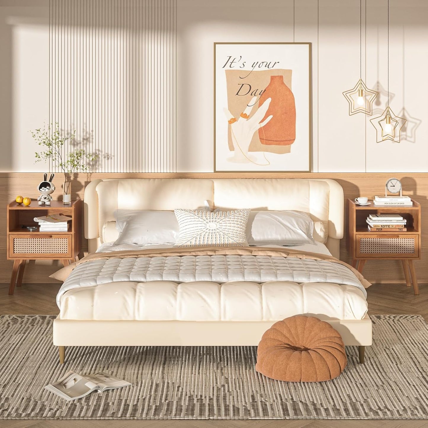 Lerliuo Rattan Nightstands Set of 2, Side Table with Drawer, Cane Accent Bedside End Table with Solid Wood Legs, Mid Century Modern Night Stand for Bedroom, Dorm and Small Spaces (Tea Brown)