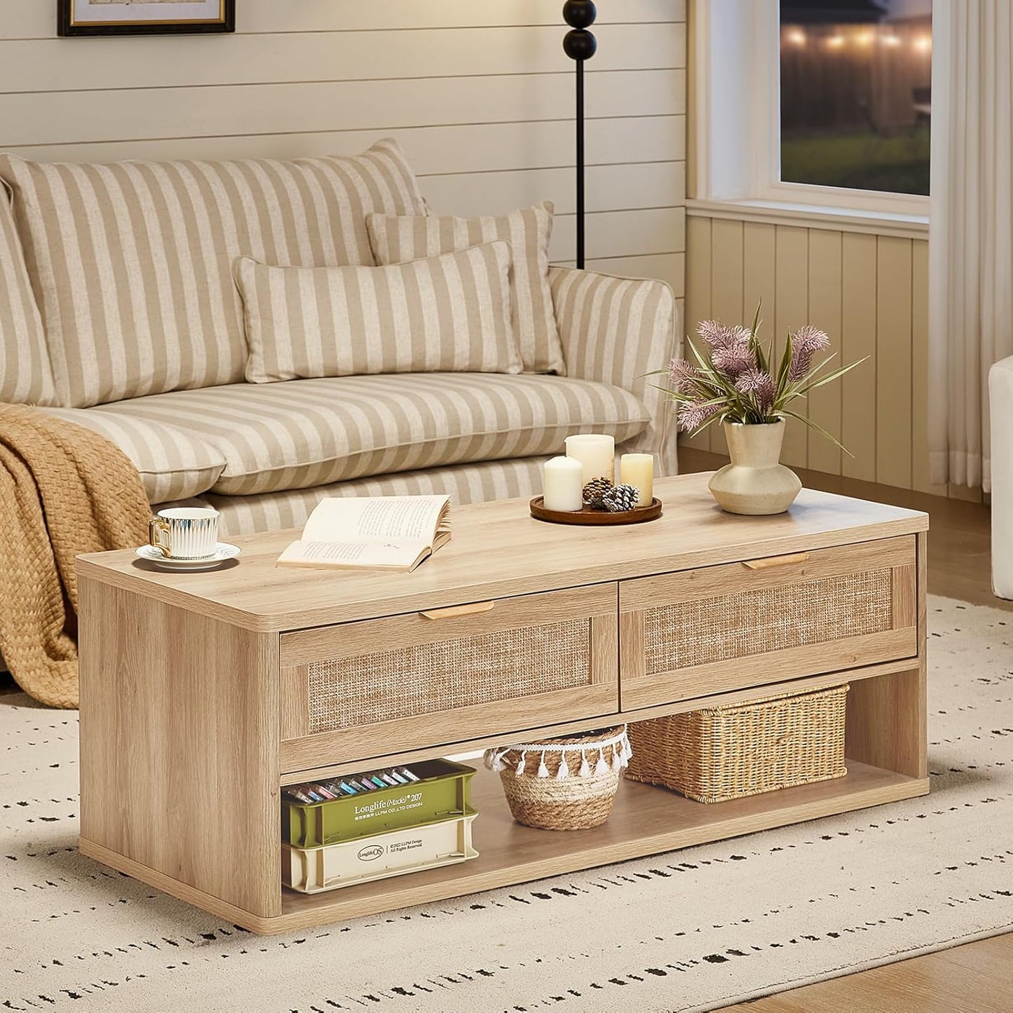 LEYAOYAO 48" Farmhouse Boho Rattan Coffee Table with 2 Woven Drawers,Rectangular Coffee Tables with Hidden Storage Compartment,Curved Profile Design,Wooden Center Table for Living Room,Natual Wood