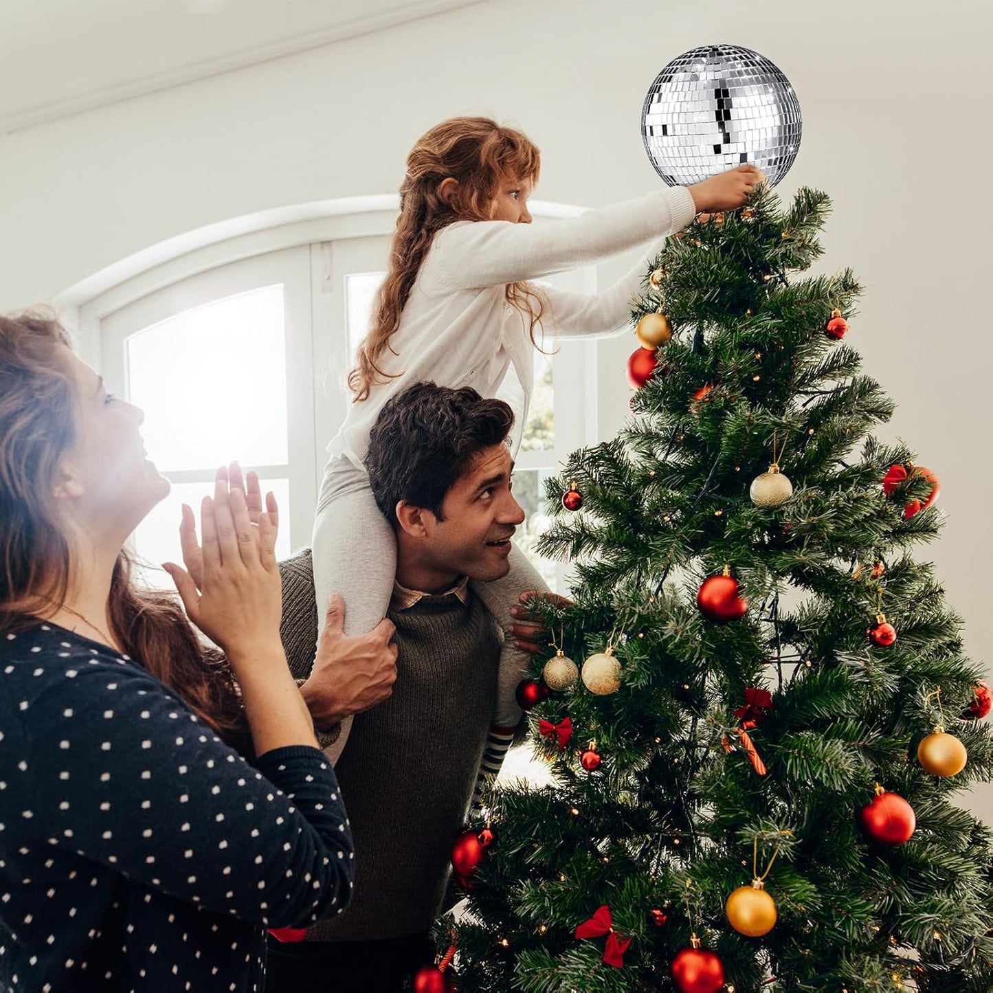 Retisee 6'' Disco Ball Christmas Tree Topper Silver Mirror Xmas Tree Topper 3D Hollow Silver Disco Ball Decor for 70s Holiday Wedding Birthday Party Decorations