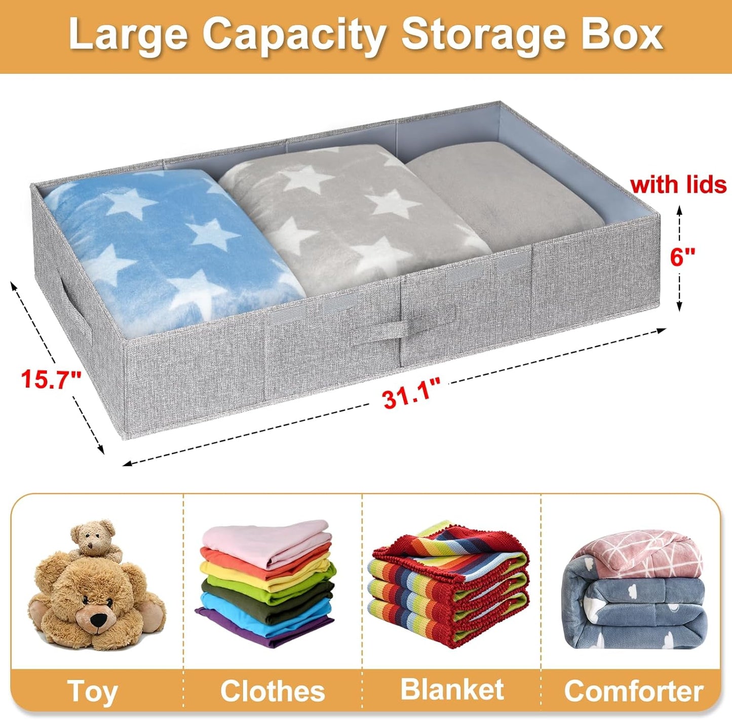 punemi Under Bed Storage Containers, 3 Pcs Large Blanket Clothes Storage Bag, Long Flat Firm Sides Underbed Organization And Storage w/ 3 Handles & Lid For Comforter Toy Closet, 31.1*15.7*6 inch Tall