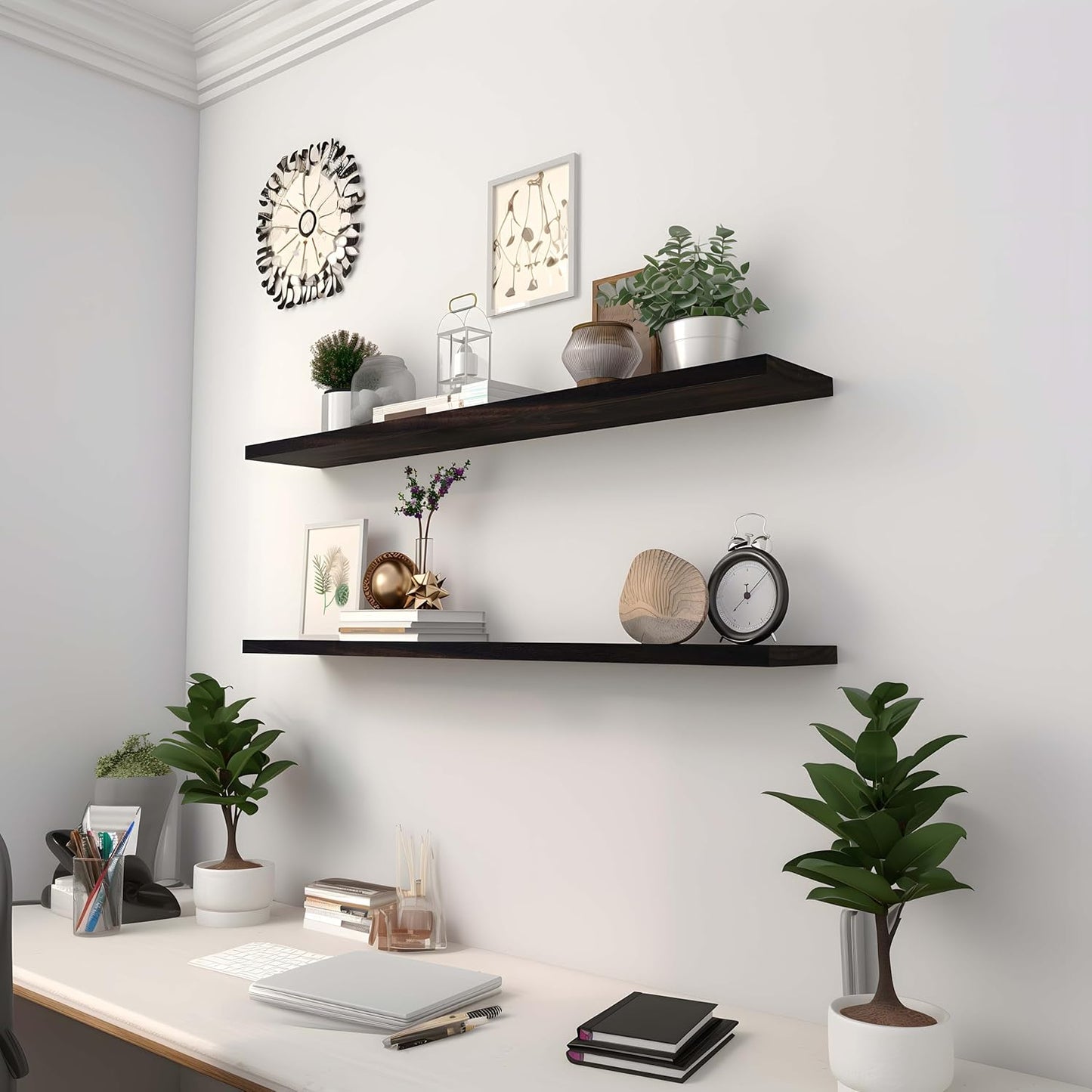 Wood Floating Shelves for Wall Decor, Rustic Wall Shelves for Bedroom Bathroom Kitchen Living Room, Set of 4 Walnut 36 Inch