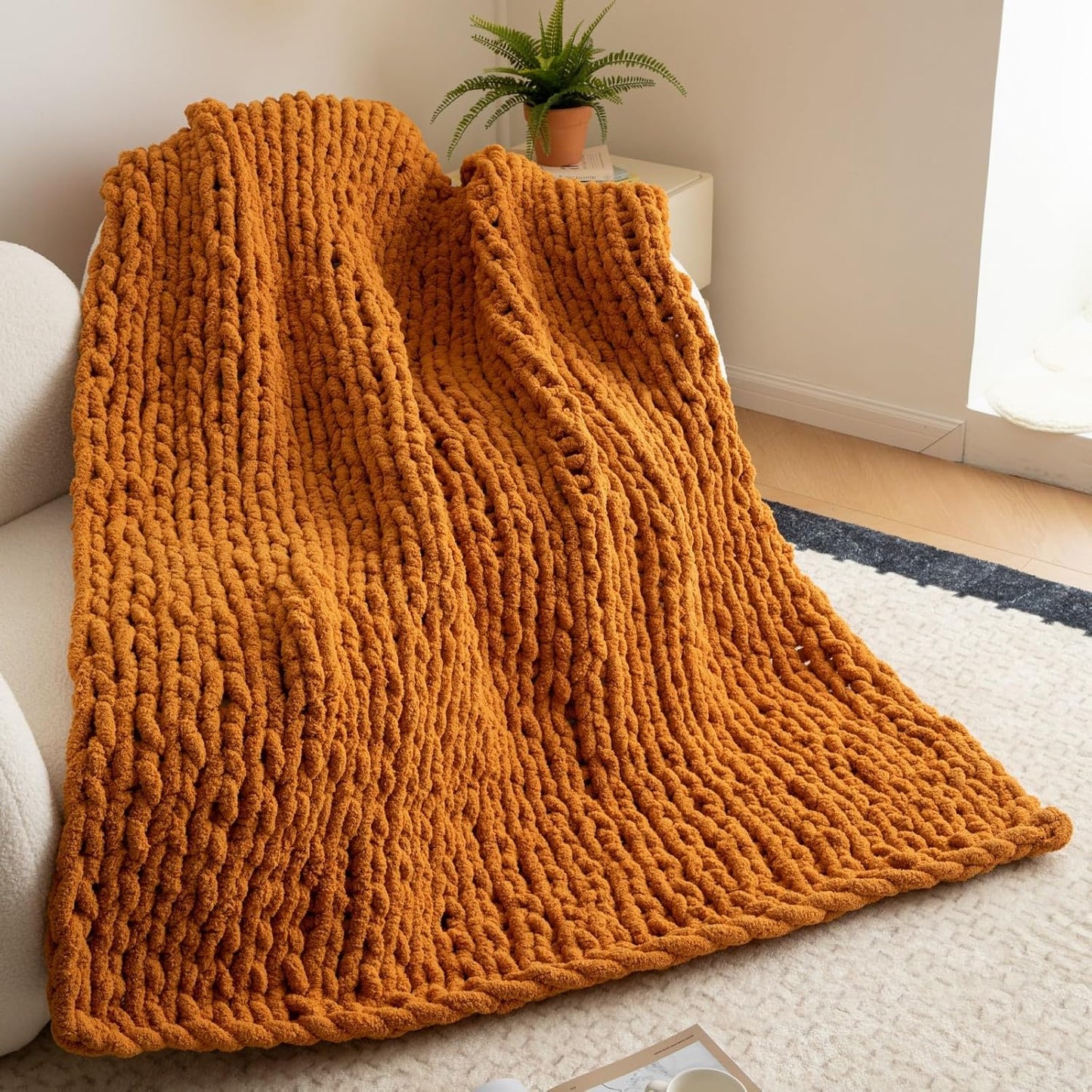 WESHIONGOO Chunky Knit Blanket Throw 50"×60" Knitted Throw Blankets for Couch Bed Fall Throw Blanket Fluffy Soft Blanket with Jumbo Chenille Yarn Thick 100% Handmade (Burnt Orange)