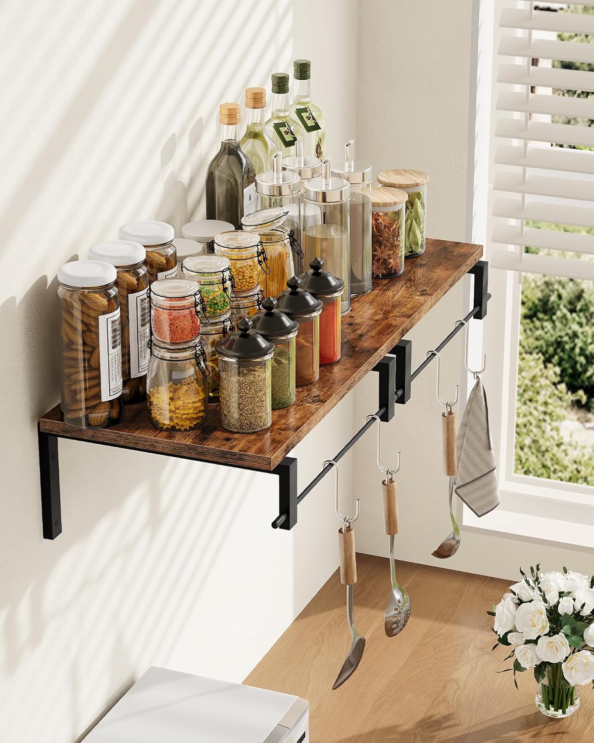 Deep Floating Shelves for Wall, 12 inch Wall Mounted Shelves Set of 2, Wide Floating Shelves for Living Room, Bedroom, Study, Bathroom, Rustic Brown and Black TBJ02P2BF