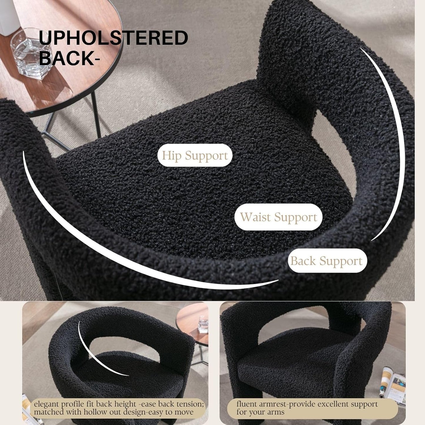 Black Sherpa Dining Chairs Set of 6, Modern Barrel Dining Room Chairs Upholstered Faux Fur Accent Chair with Arms and Round Back for Living Room Kitchen Armchair No Assembly Needed