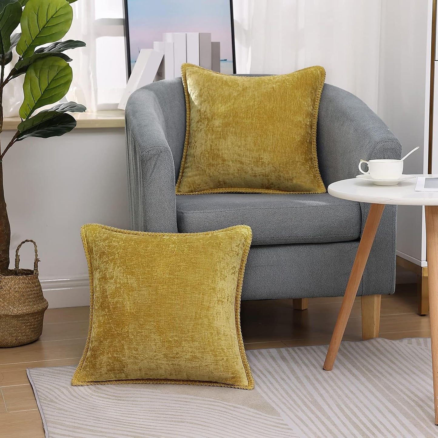 decorUhome Chenille Soft Throw Pillow Covers 26x26 Set of 2, Farmhouse Velvet Neutral Decorative Euro Pillow Covers with Stitched Edge for Couch Sofa Bed Home Decor, Mineral Yellow