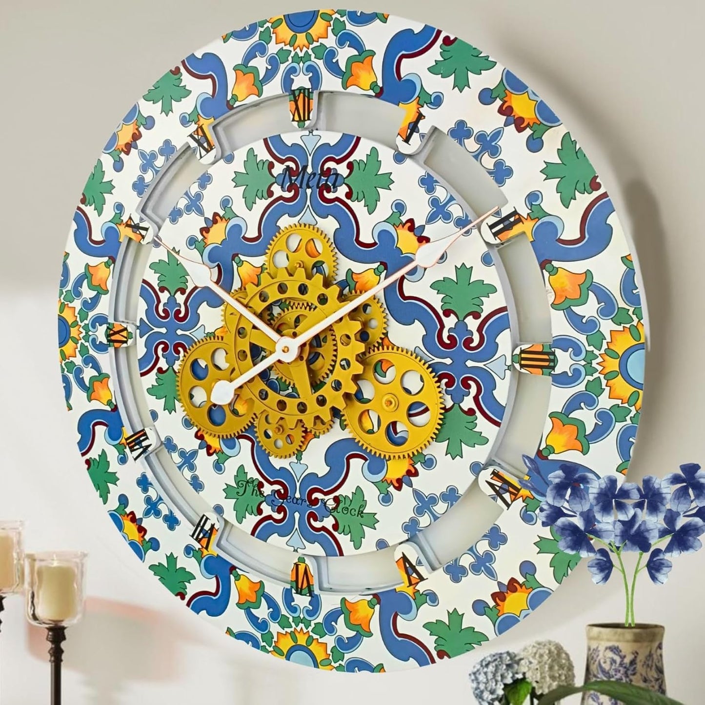 The Gears Clock Wall Clock Italy Collection with Moving Gears (Meta, 24 inch Round)