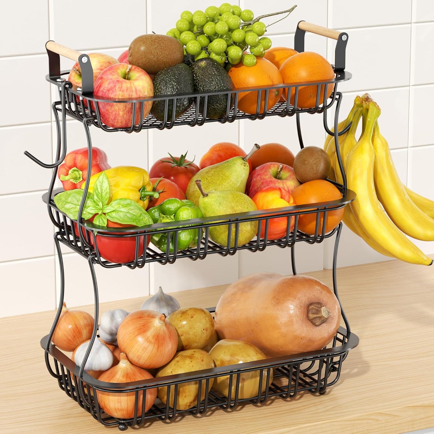 3 Tier Fruit Basket for Kitchen Counter, Fruit Bowl with 2 Banana Hooks Mesh Top, Multifunctional Detachable Sturdy Kitchen Storage Organizer for Vegetables Snacks Onion Potato, Black