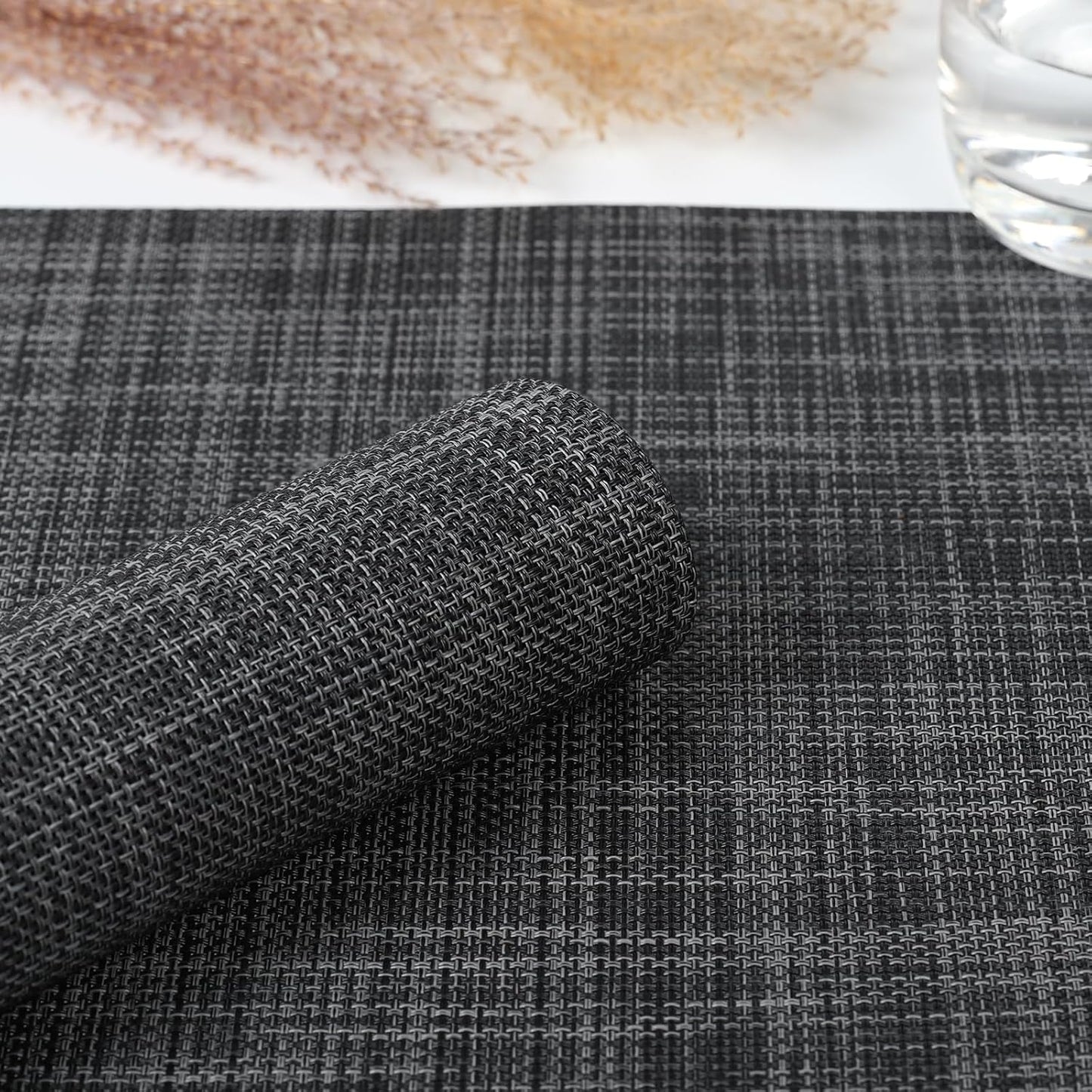 Myir JUN Placemats Set of 6, Vinyl Woven Placemats Place Mats Indoor Washable Table Mats Non-Slip Place mats for Dining Table (Dark Gray-Black, Set of 6)