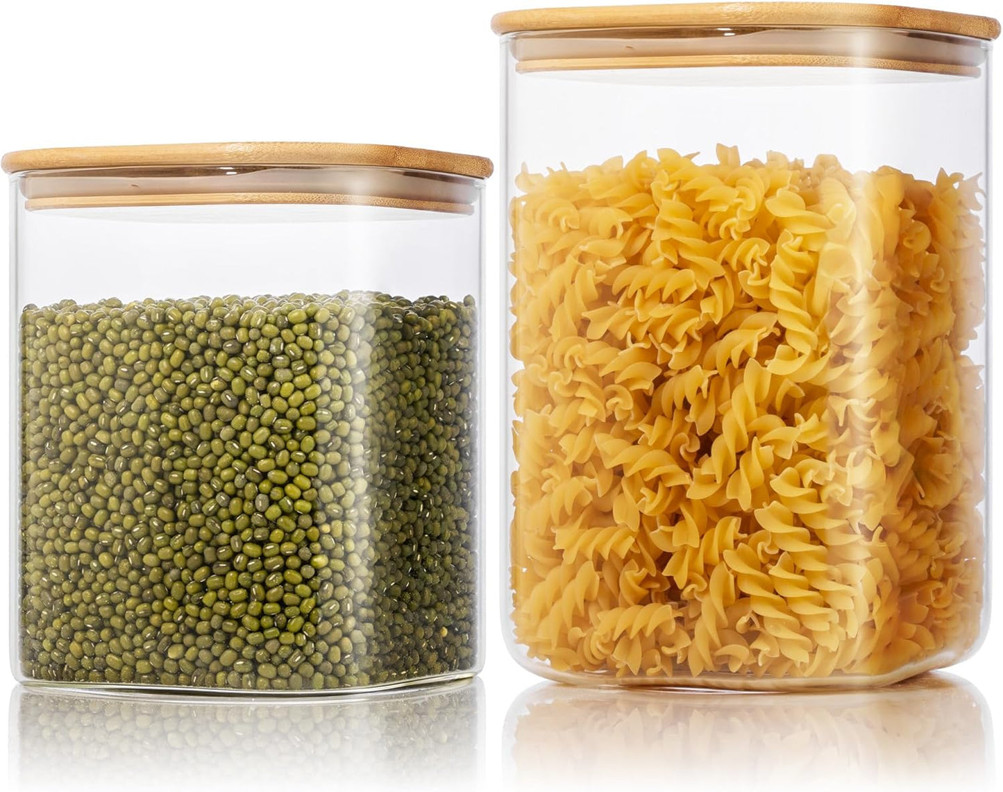 Extra Large Square Glass Flour & Sugar Storage Containers with Airtight Lids, 132oz & 63oz - 2 Pack Glass Jars with Bamboo Lids, Air tight Pantry Food Storage Containers for Cereal, Pasta, Rice