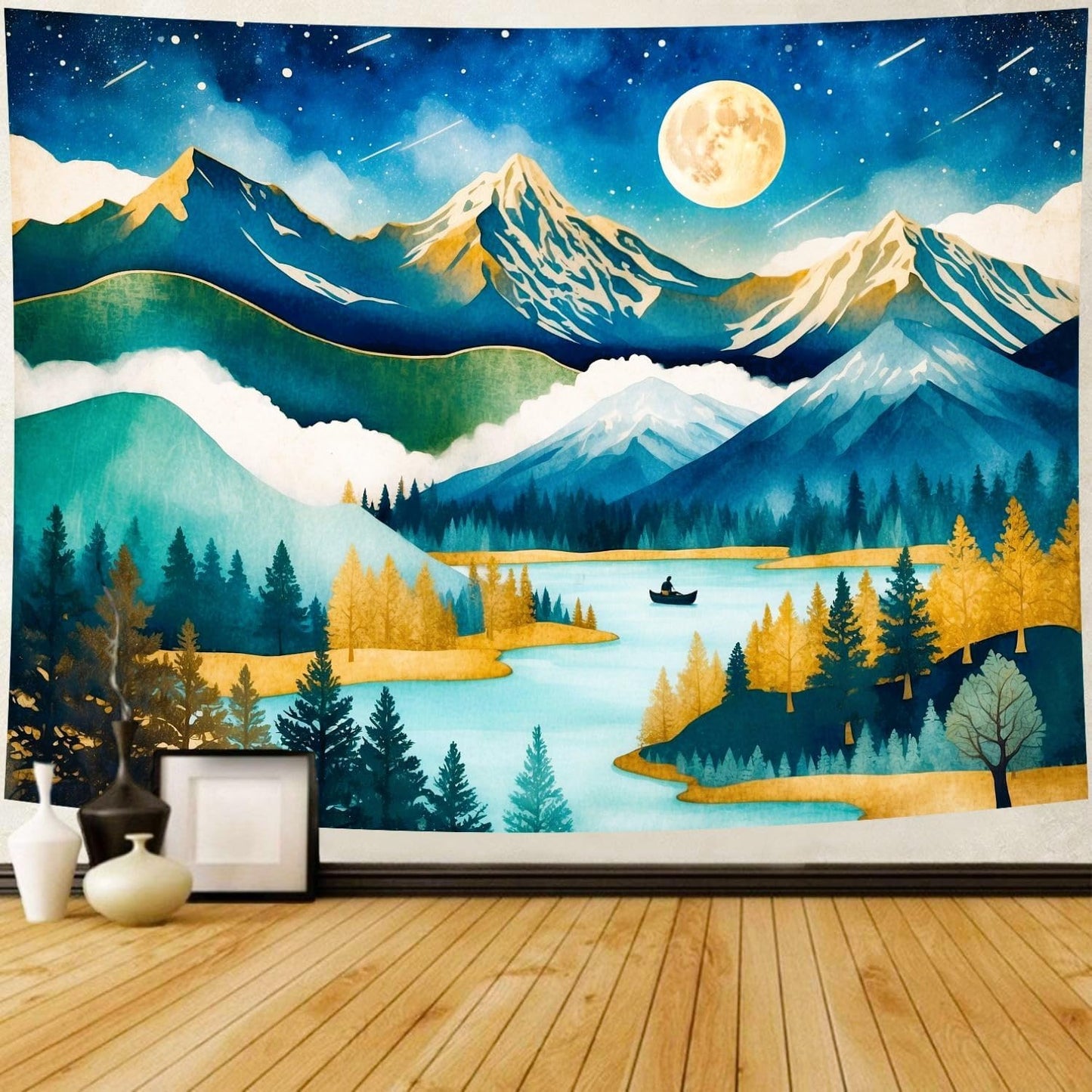 Delur Mountain Tapestry Boho Moon Stars Starry Night Tapestry Wall Hanging Forest Tree Nature Landscape Psychedelic Headboard for Bedroom Living Room Home Decor (59.1" x 78.7")