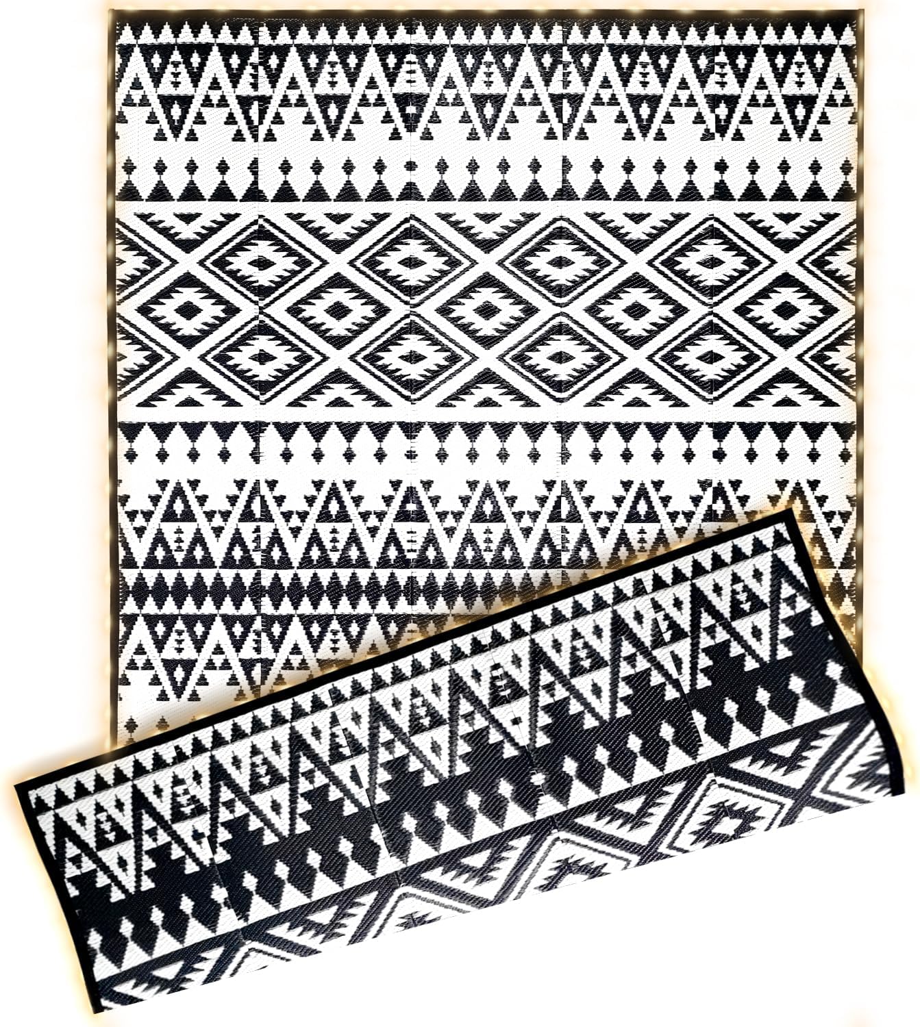 Outdoor Rug Mat with Led Strip Lights for Patio, 8x10ft Waterproof Reversible Plastic Straw Rugs, Camping Carpet Area Mats for RV, Porch, Deck, Backyard, Balcony, Camper, Black & White