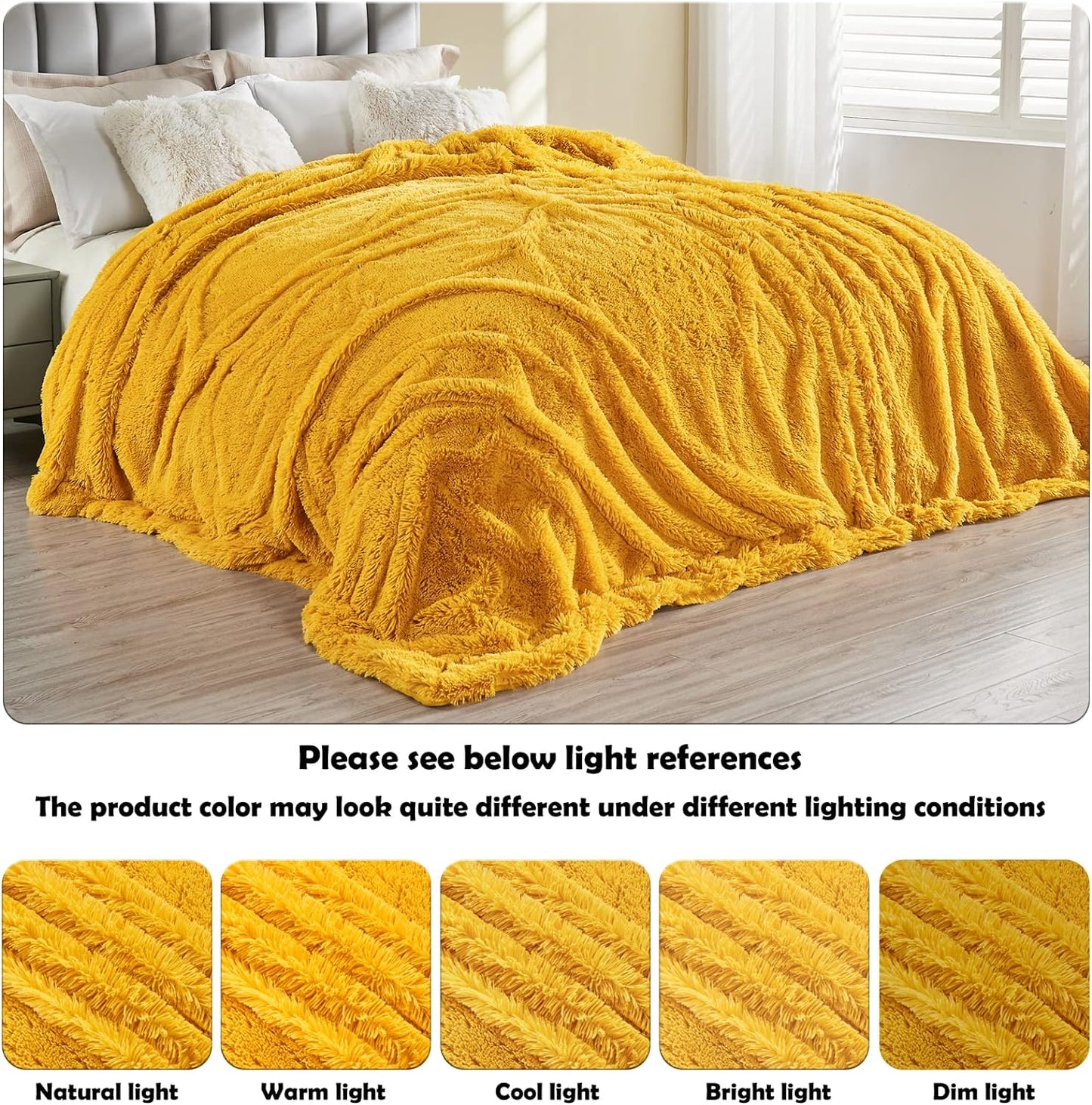 GONAAP Fuzzy Faux Fur Throw Blanket Queen Size Mustard Yellow Super Soft Cozy Plush Fuzzy Shaggy Blanket for Couch Sofa Bed (Mustard Yellow, Queen(90"x90"))