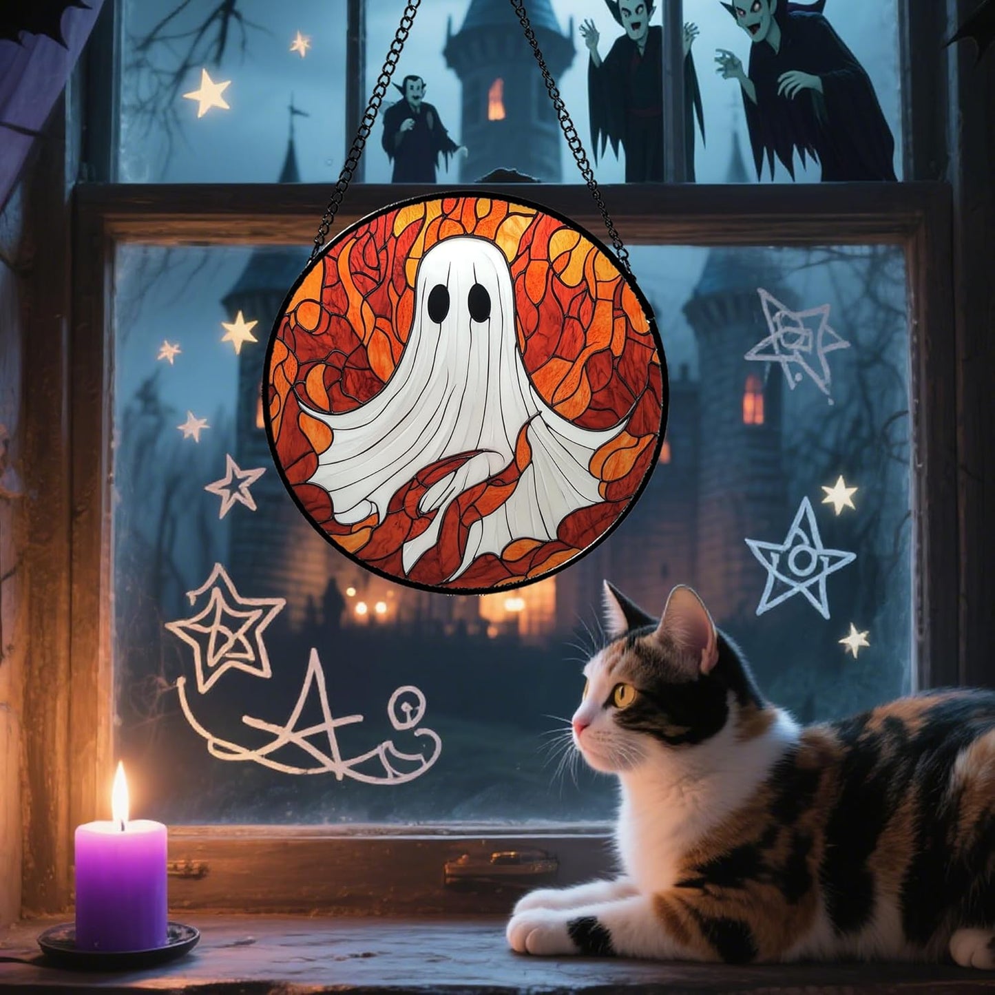 Stained Glass Window Hanging - Halloween Decorations White Ghost Orange Sky Suncatcher for Doors Garden Funny Spooky Sun Catchers Gothic Decor Horror Gifts for Women Men Friend Boy 11.8 in