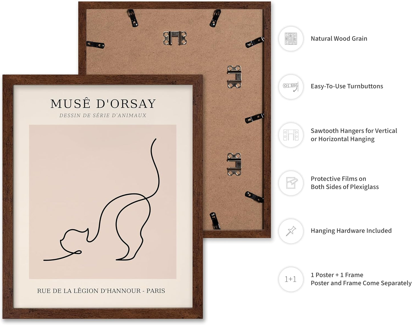 Poster Master Vintage Poster - Retro One Line Cat Drawing Print - Cat Art - Minimal Gift for Men, Women, Animal Lover - Abstract Wall Decor for Home, Office, Bedroom, 11x14 Brown Framed