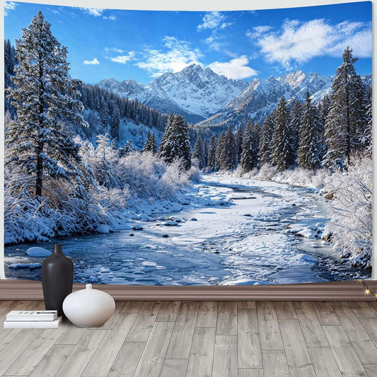 AMM Winter Forest Snow Mountain Tapestry Snowy Pine Tree Woodland Tapestry for Bedroom Aesthetic White Clouds Flowing River Landscape Tapestries Wall Hanging for Living Room Dorm Office 80 x 60 Inch