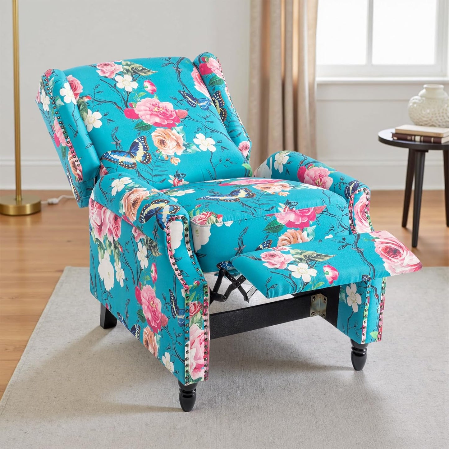 UIXE Floral Pushback Recliner Chair, Fabric Upholstered Armchair Push Back Accent Chair for Living Room, Rivet Trim Club Chair Home Theater Single Sofa Reading Seat - Peacock Blue