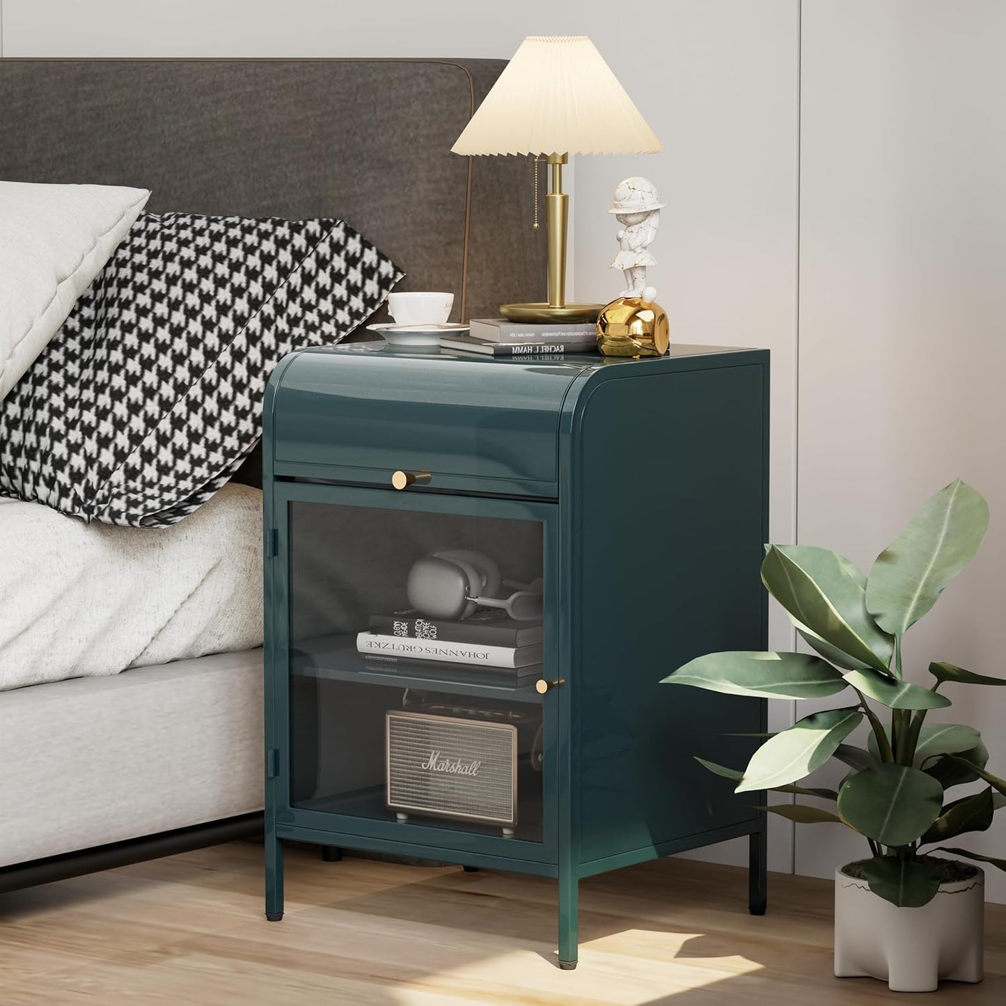 Modern Metal Side Tables Set of 2, End Tables with Glass Door, 2-Tier Nightstands with Storage Shelves, Accent Table, Slim Sofa Table for Living Room, Bedroom (Green)