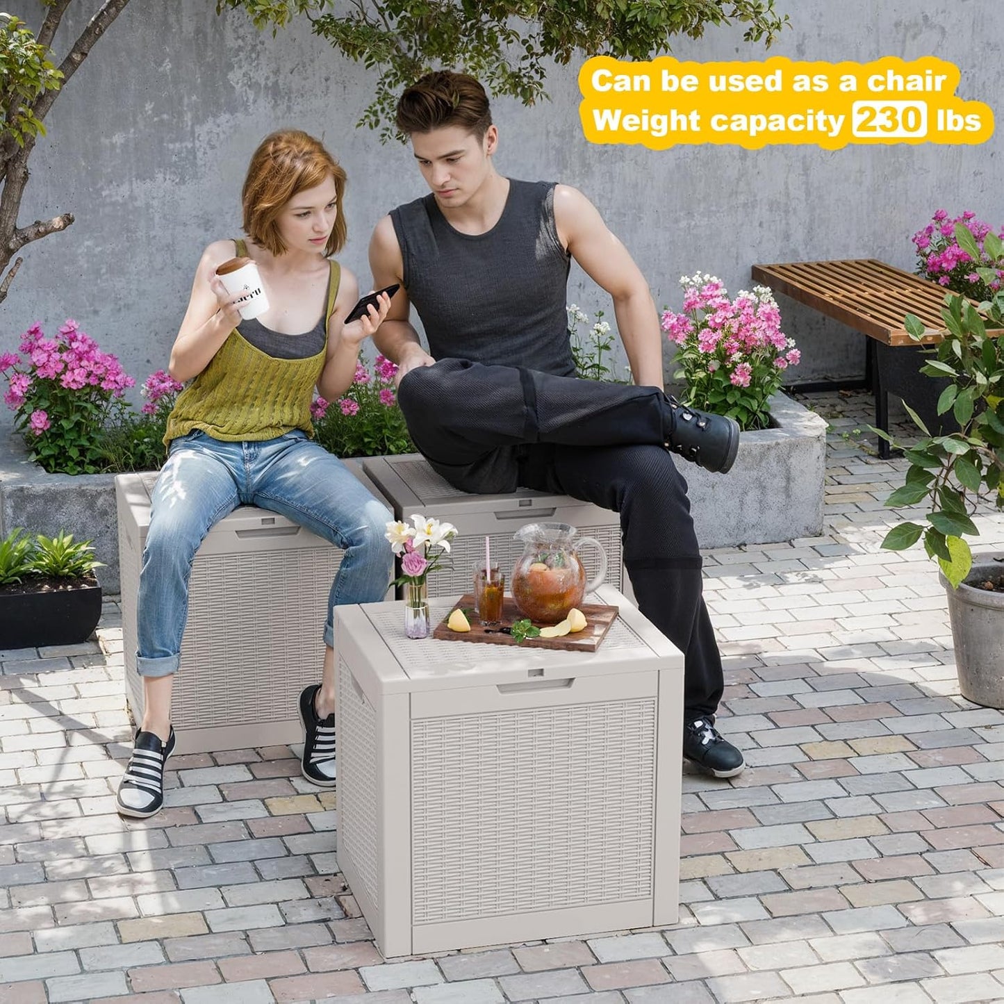 DRATO 31 Gallon Deck Box, Outdoor Storage Box for Patio Cushion, Sports Equipment, Garden Tools, Waterproof Resin Storage Box (Light Brown)