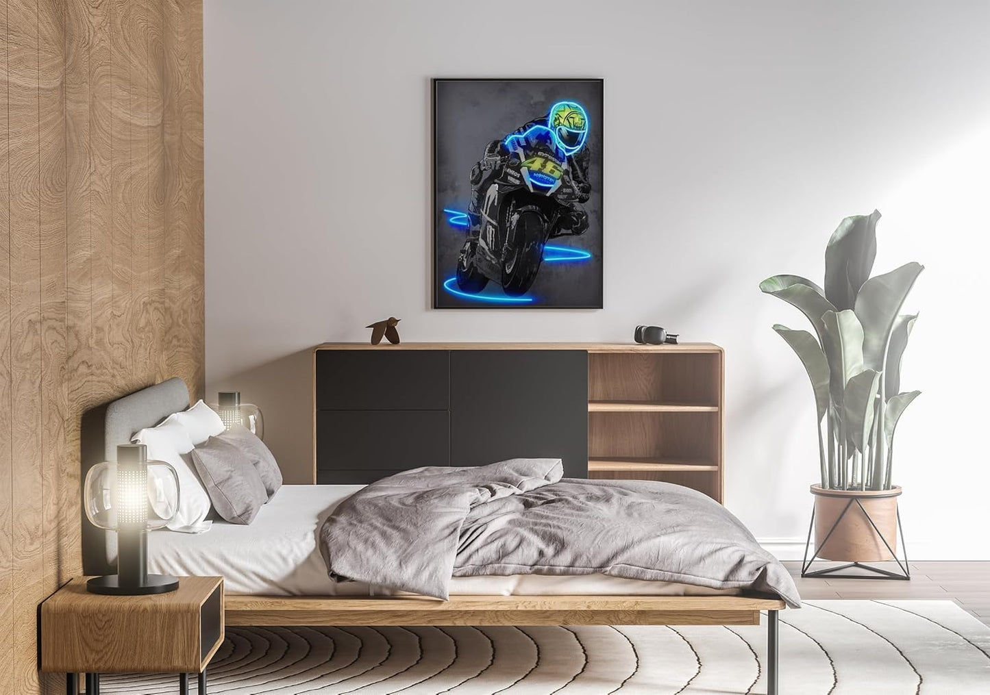 Sorventina Neon Style Blue #46 YZR-M1 Motorcycle Wall Art Posters - 16x24 Wrapped Canvas, Non-LED, Ideal Home Decor for Bedroom, Living Room, Office, Garage, or Man Cave