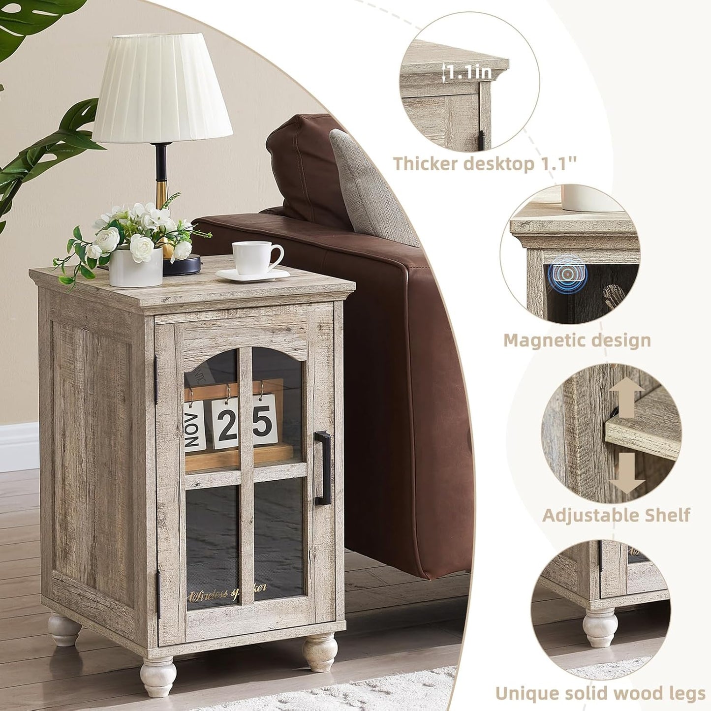 Narrow Side Table Set of 2,Farmhouse Nightstand with Charging Station,End Table with Glass Barn Door Storage, Cabinet Organizer with Adjustable Shelf, Night Stand for Small Spaces Living Room Bedroom