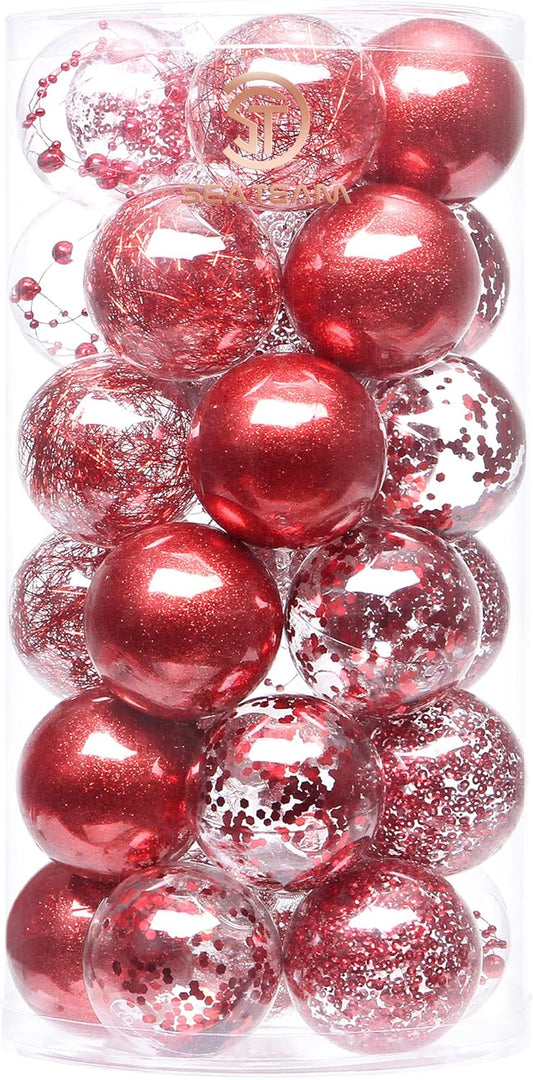 Sea Team Shatterproof Clear Plastic Christmas Ball Ornaments Decorative Xmas Balls Baubles Set with Stuffed Delicate Decorations (60mm/2.36 inch 30-Pack, Red)