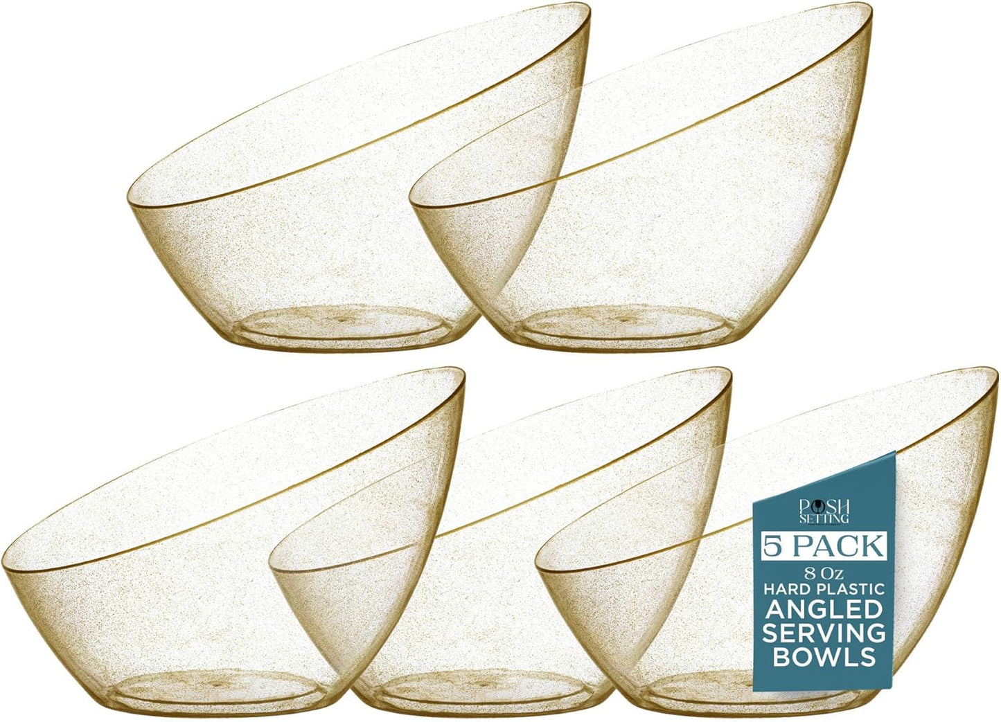 Posh Setting Gold Plastic Serving Bowls - Angled, Disposable for Chips, Candy, Salad, Fruit - Wedding and Party Table - Gold Glitter, 8 OZ, 5 Pack