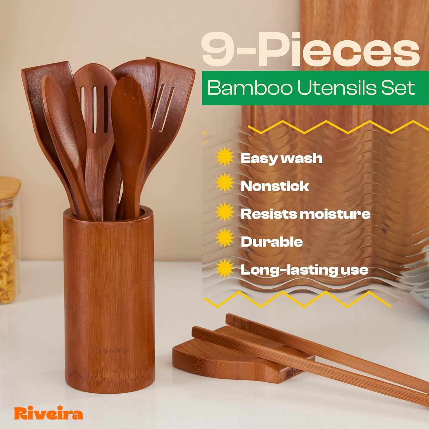 Riveira Premium Brown Bamboo Wooden Spoons for Cooking Set of 9 – Premium Brown Bamboo Wooden Cooking Utensils, Wooden Spatula, Wooden Spoon - Premium Quality Wooden Utensil Set for Non-Toxic Cooking