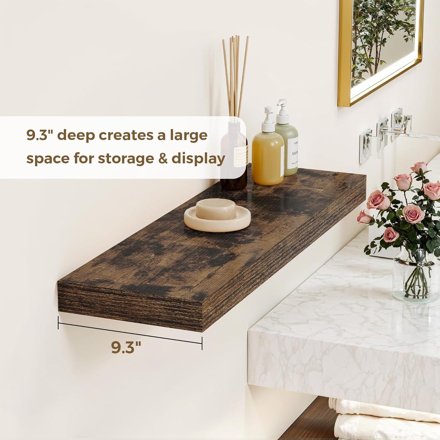 Dreamland 36 Inches Floating Shelves for Wall, 9.3" Deep Long Floating Shelves Set of 2, Large Display & Storage Shelf, Wall Shelf for Bathroom Bedroom Living Room Kitchen Office, Rustic Brown